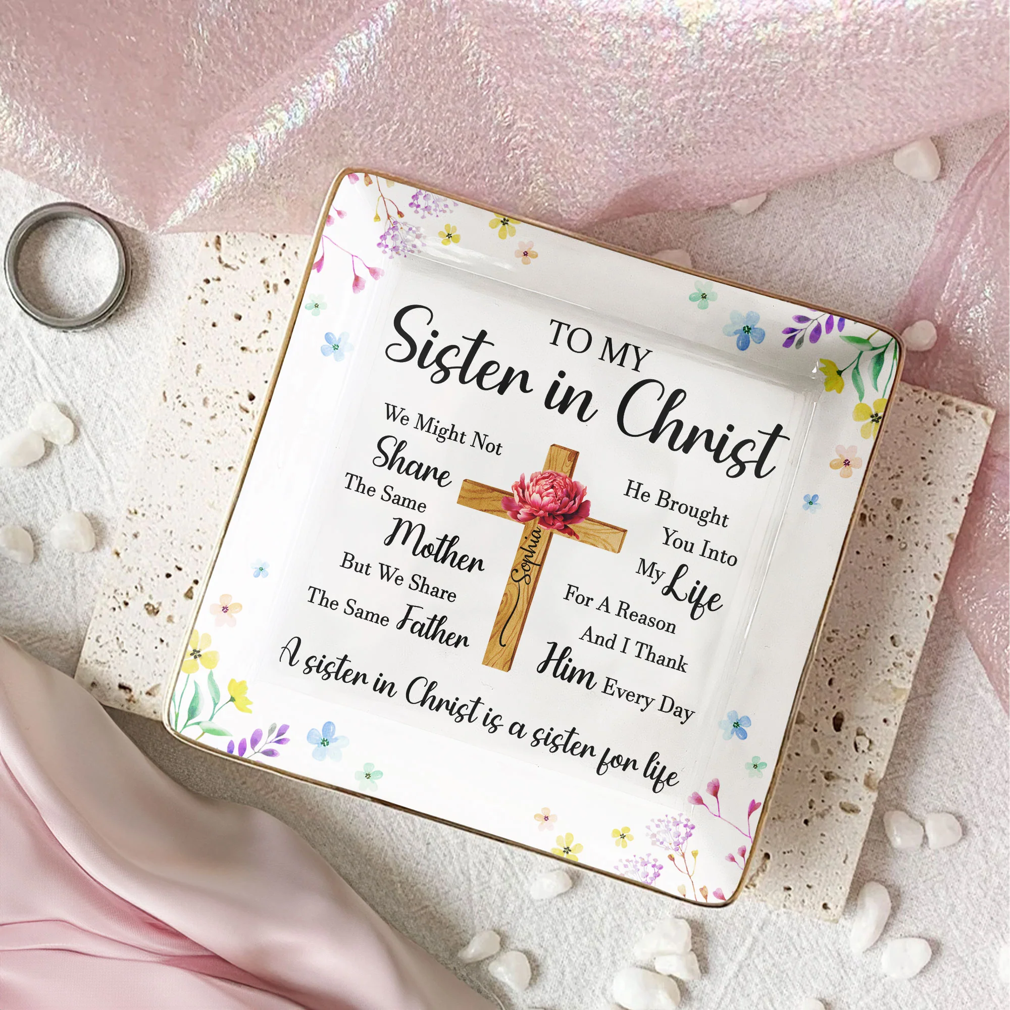 To My Sister In Christ Custom With Name & Birth Flower - Personalized Jewelry Dish - Image 2