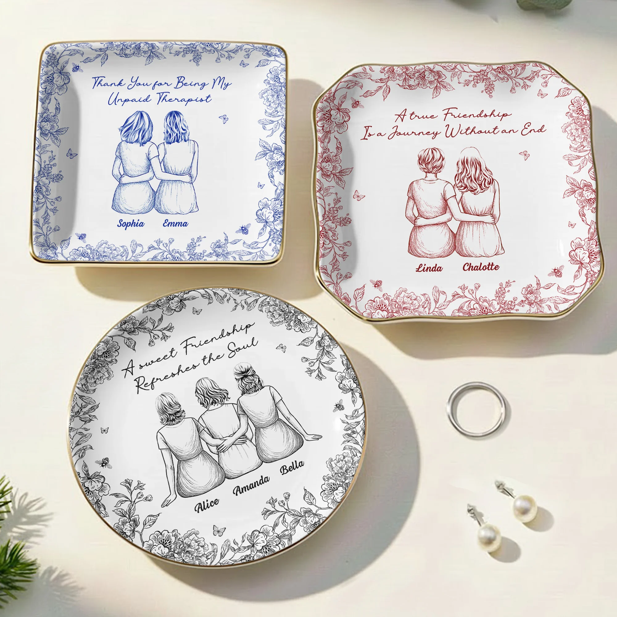 Toile De Jouy Besties - Thank You Gifts For Best Friends - Personalized Jewelry Dish - Image 2