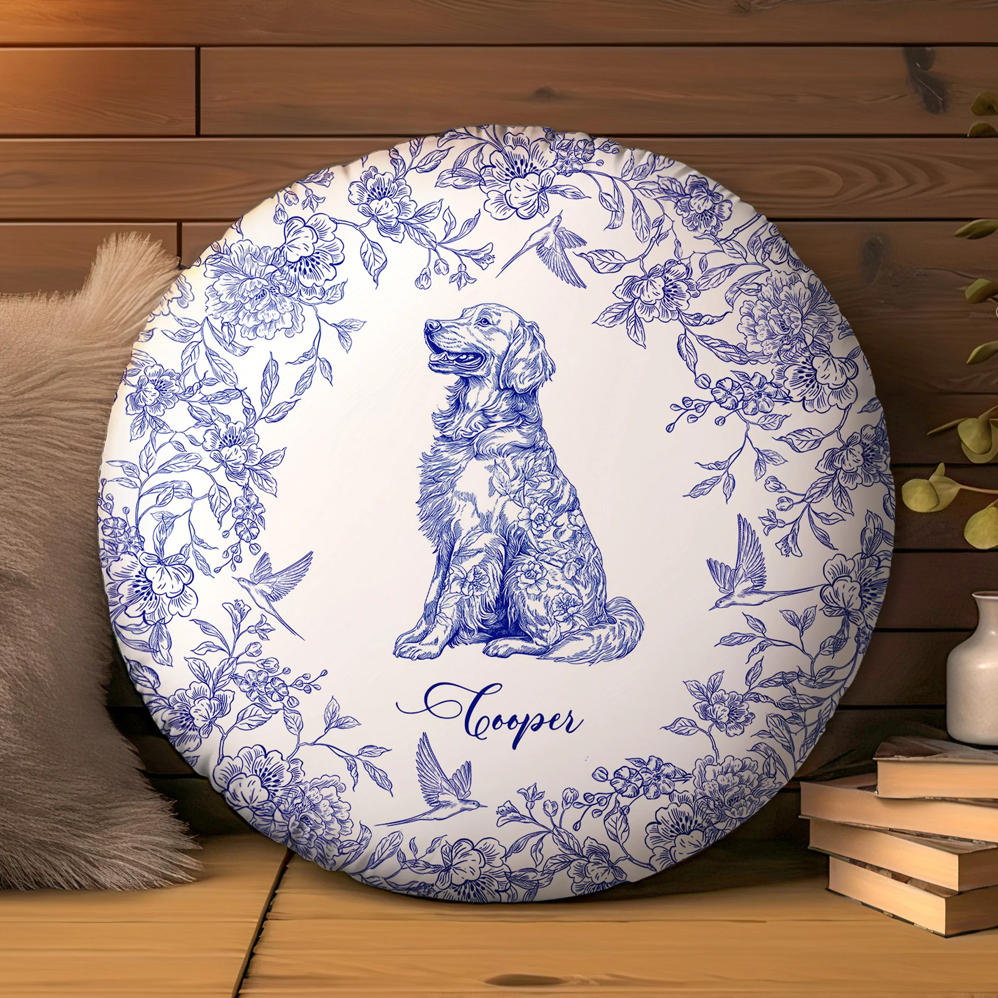 Toile De Jouy Dog Breeds Custom Chinoiserie Style - Personalized Round Pillow - Image 2