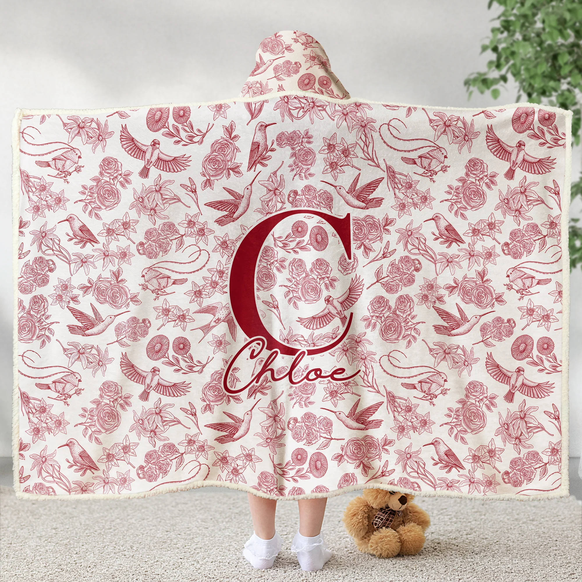 Toile De Jouy Floral Initial - Personalized Wearable Blanket Hoodie - Image 4