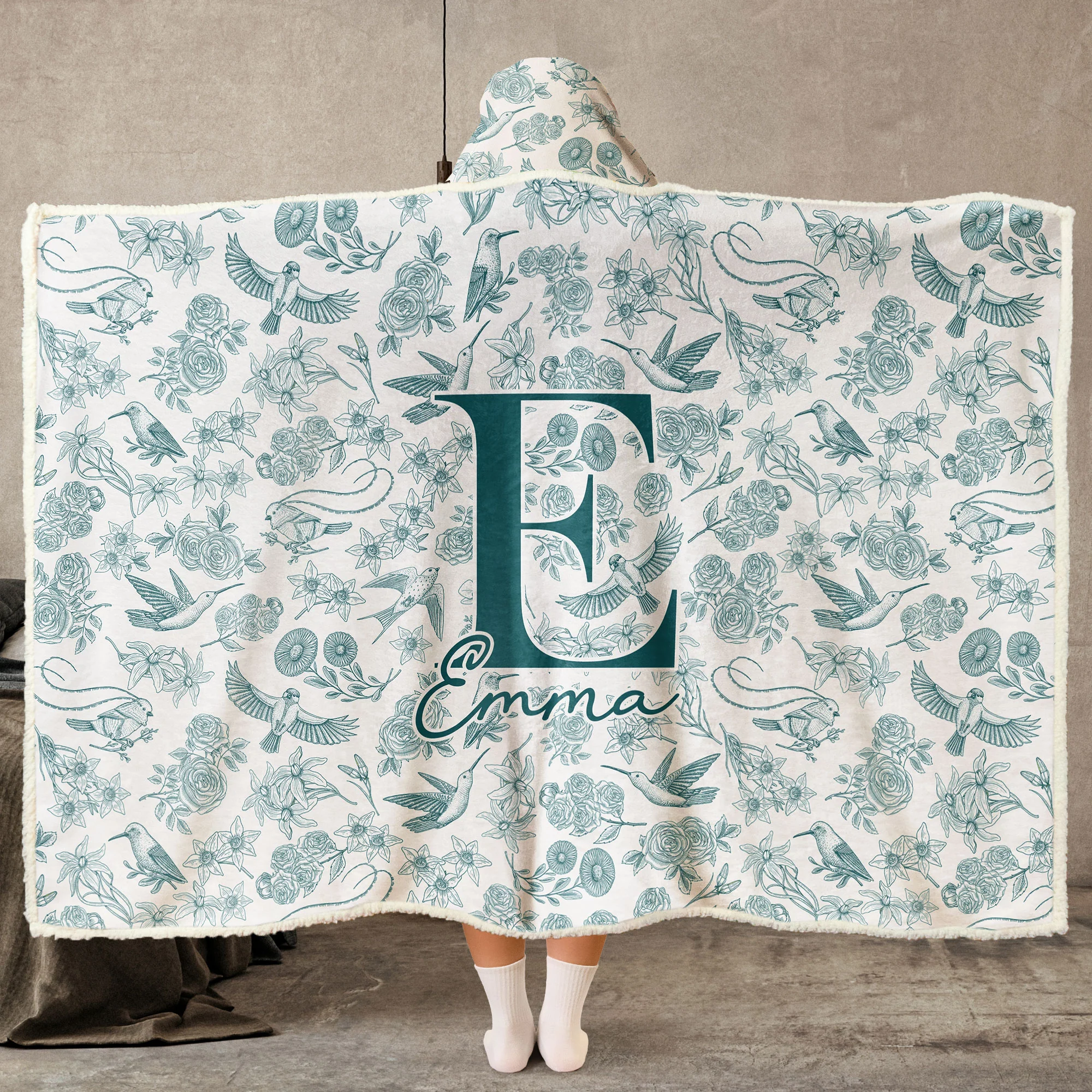Toile De Jouy Floral Initial - Personalized Wearable Blanket Hoodie - Image 6