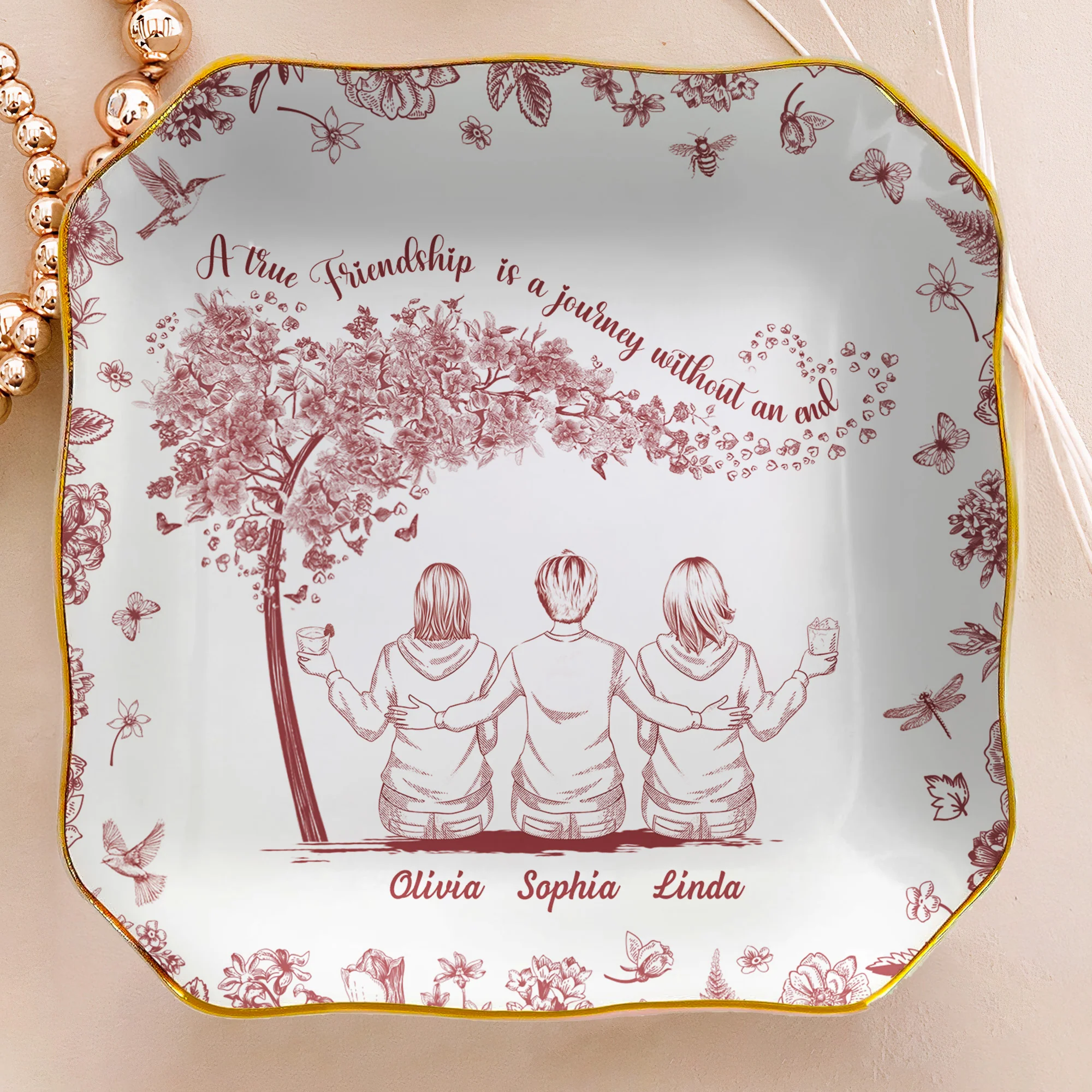 Toile De Jouy Group Of Besties, Sisters, Friends - Thank You Gifts For Her - Personalized Jewelry Dish - Image 3