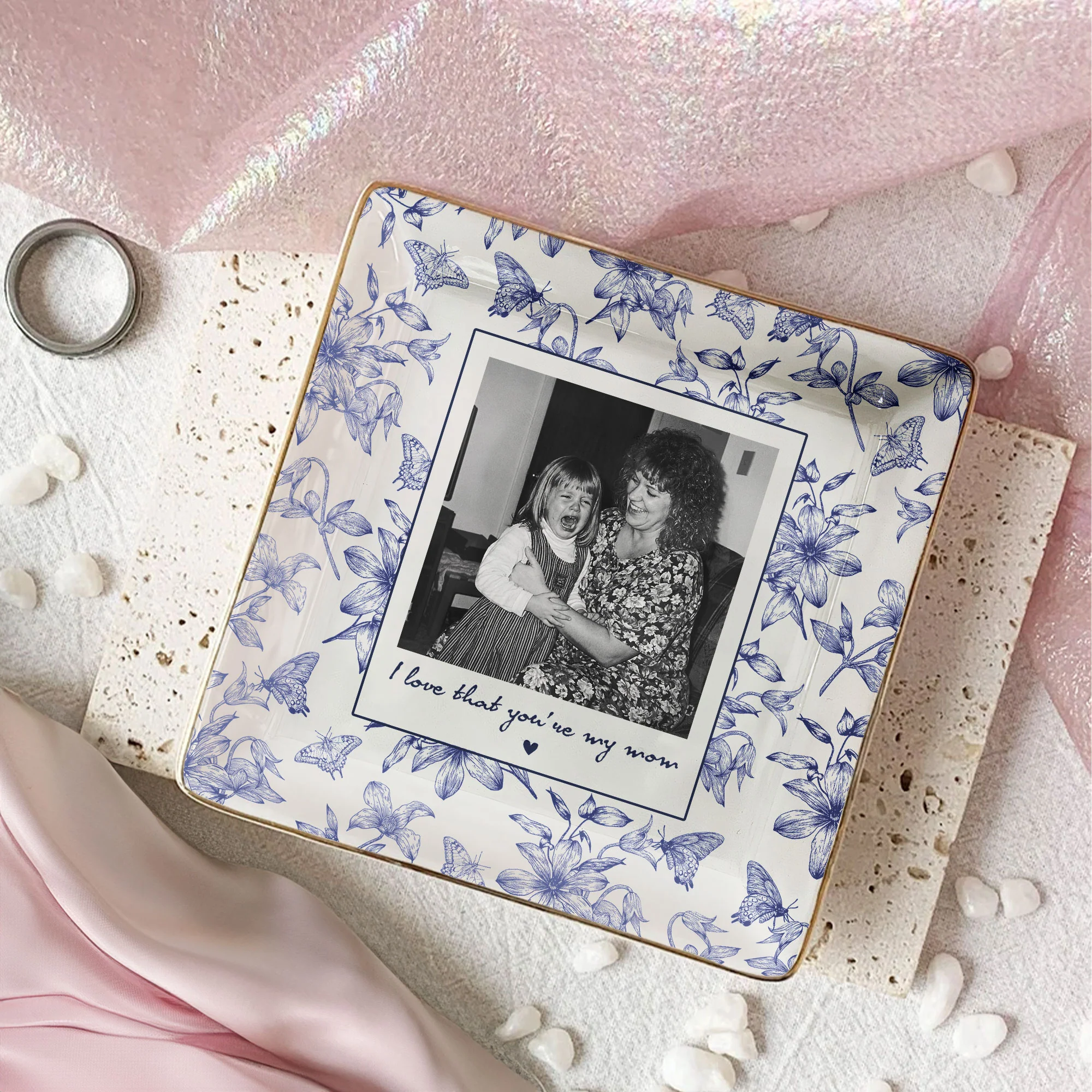 Toile De Jouy Photo Trinket Tray Mother's Day Gift For Mum, Mom, Nana - Personalized Jewelry Dish - Image 4