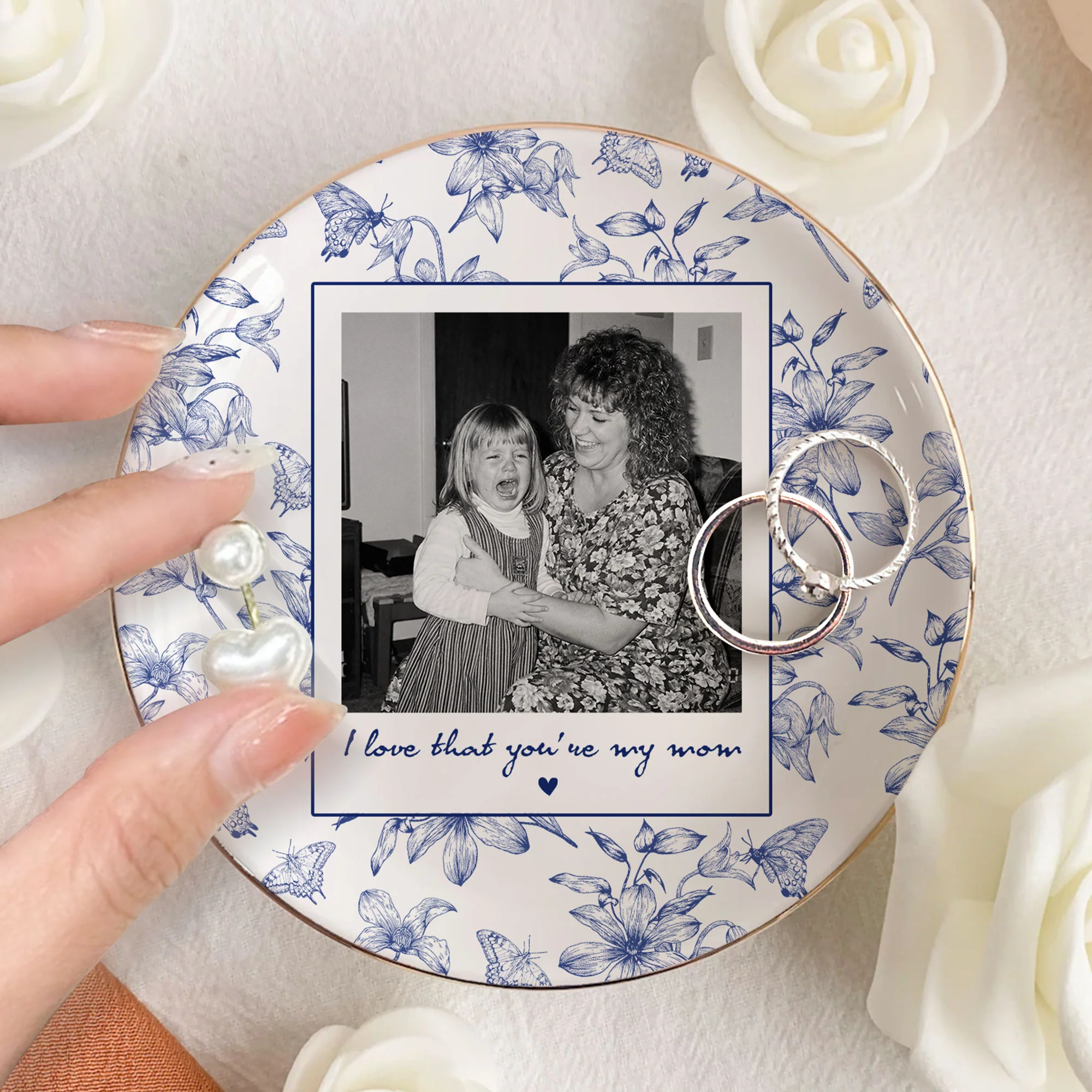 Toile De Jouy Photo Trinket Tray Mother's Day Gift For Mum, Mom, Nana - Personalized Jewelry Dish - Image 5