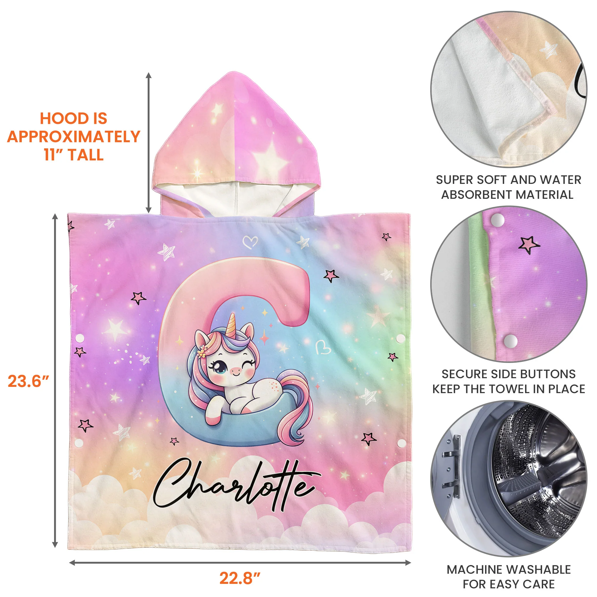 Unicorn Alphabet - Personalized Kids Hooded Towel - Image 6