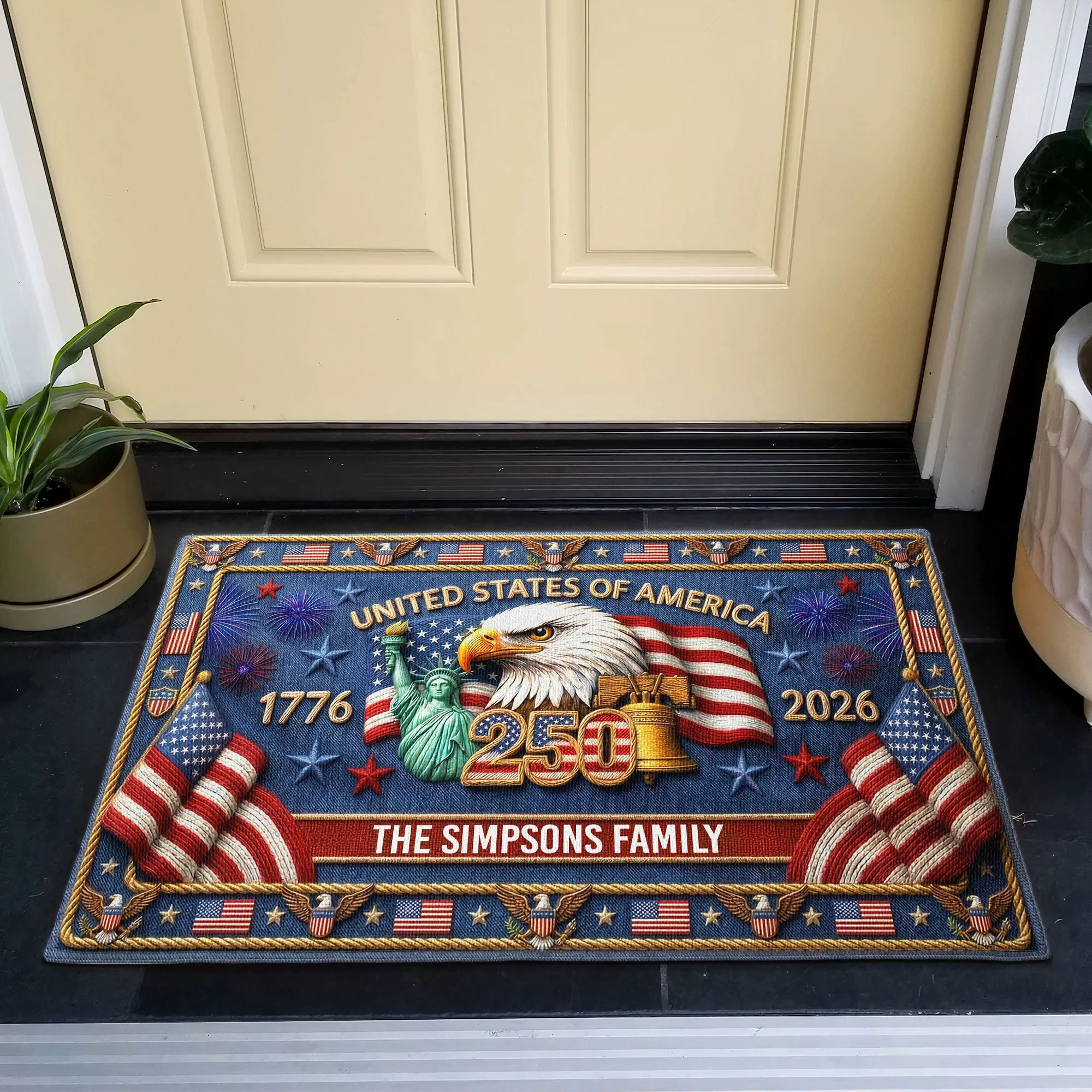 USA 250 Years Of Freedom Faux Pattern - Personalized Doormat - Image 2