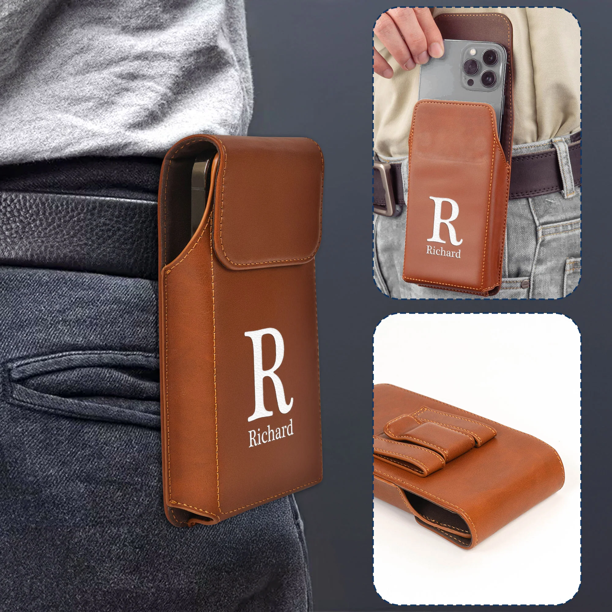 Vintage Custom Name & Symbols For Men, Husband, Dad - Personalized Leather Phone Holster - Image 4