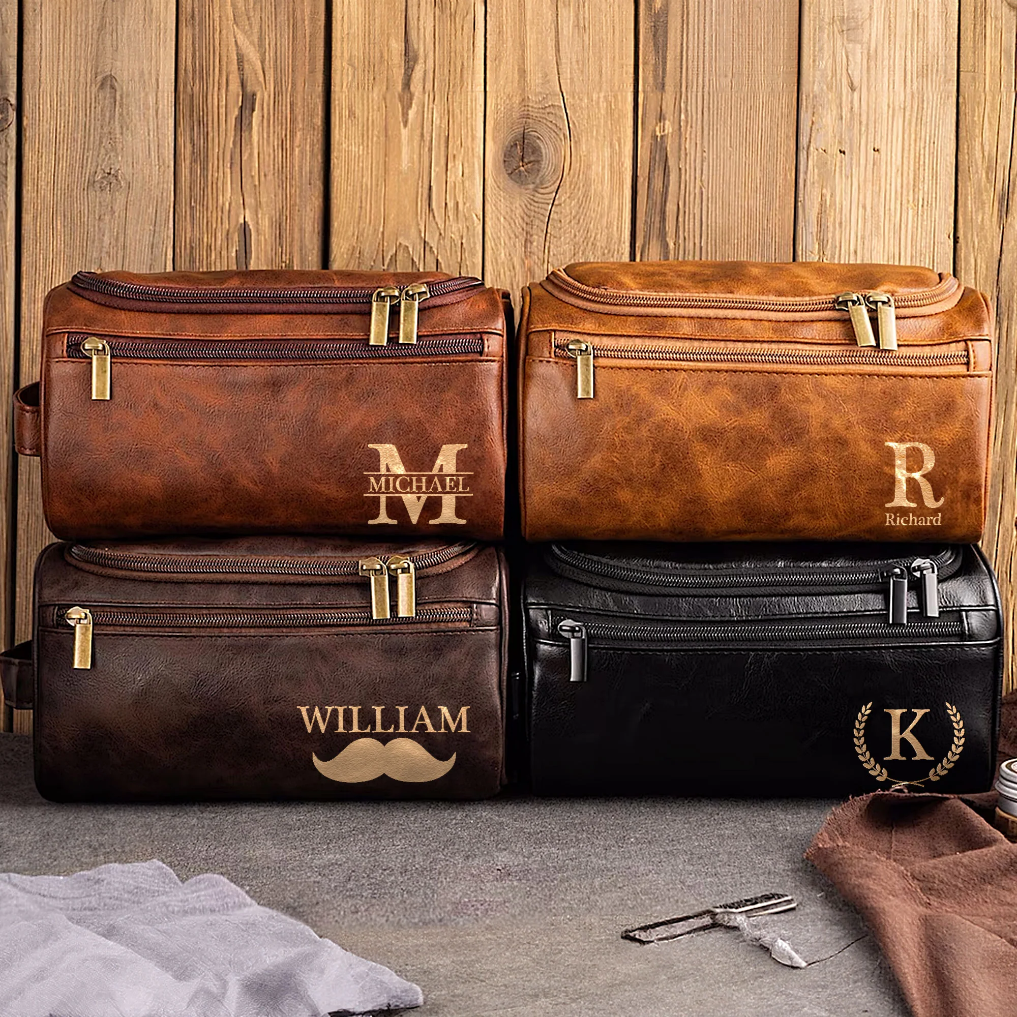 Vintage Monogram - Personalized Leather Toiletry Bag - Image 2