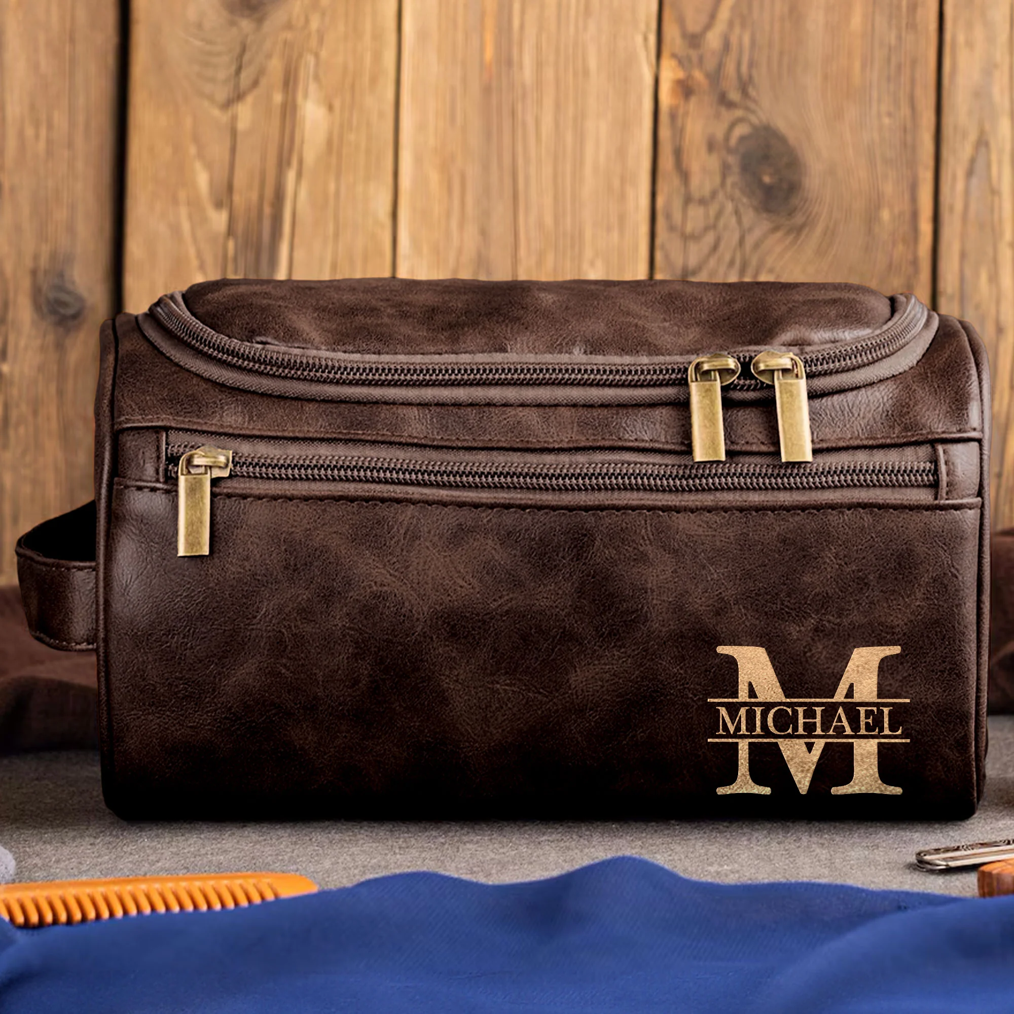 Vintage Monogram - Personalized Leather Toiletry Bag - Image 3