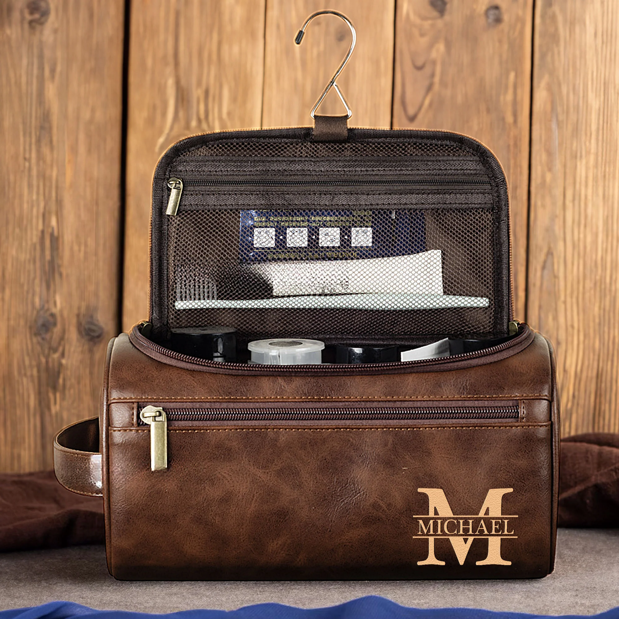 Vintage Monogram - Personalized Leather Toiletry Bag - Image 4