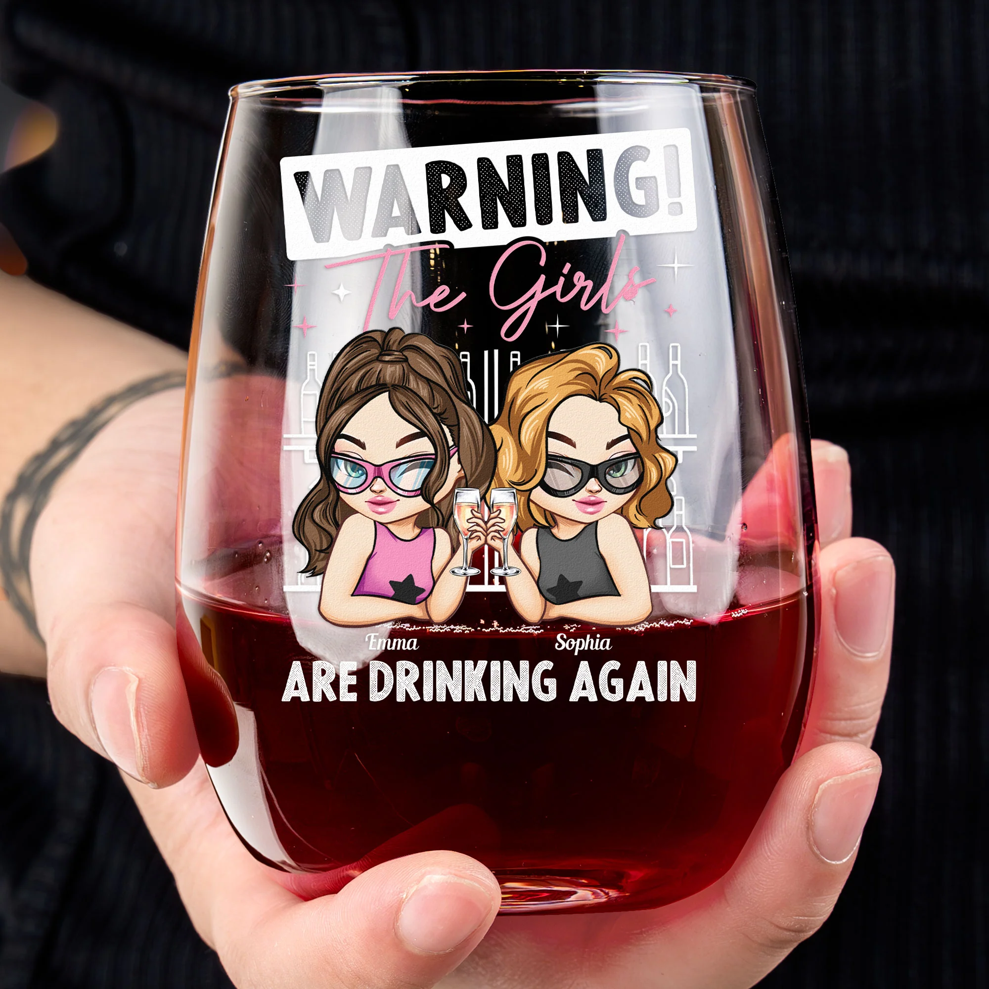 Warning! The Girls Are Drinking Again - Personalized Stemless Wine Glass - Image 3