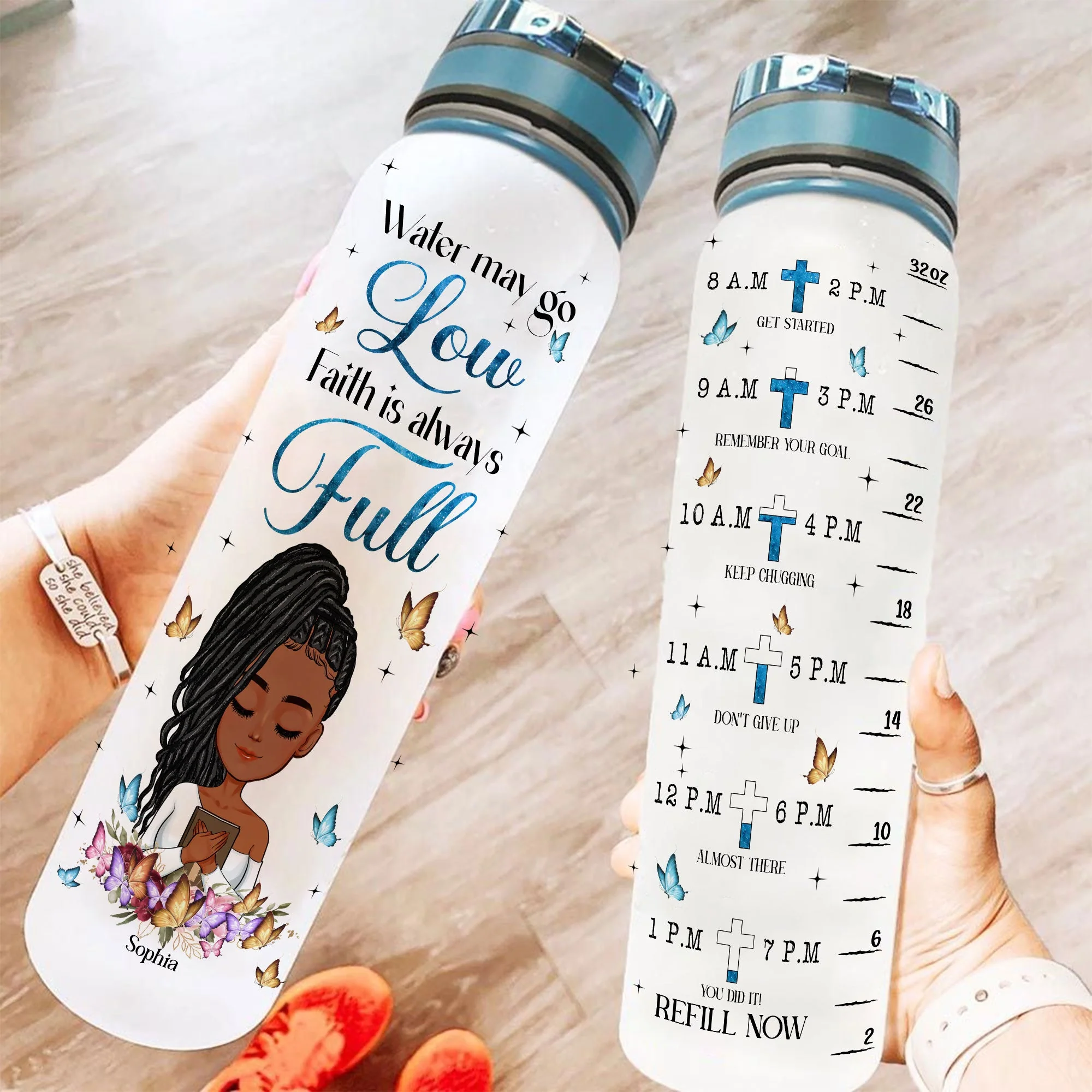 Water May Go Low, Faith Is Always Full - Personalized Water Bottle With Time Marker - Image 2