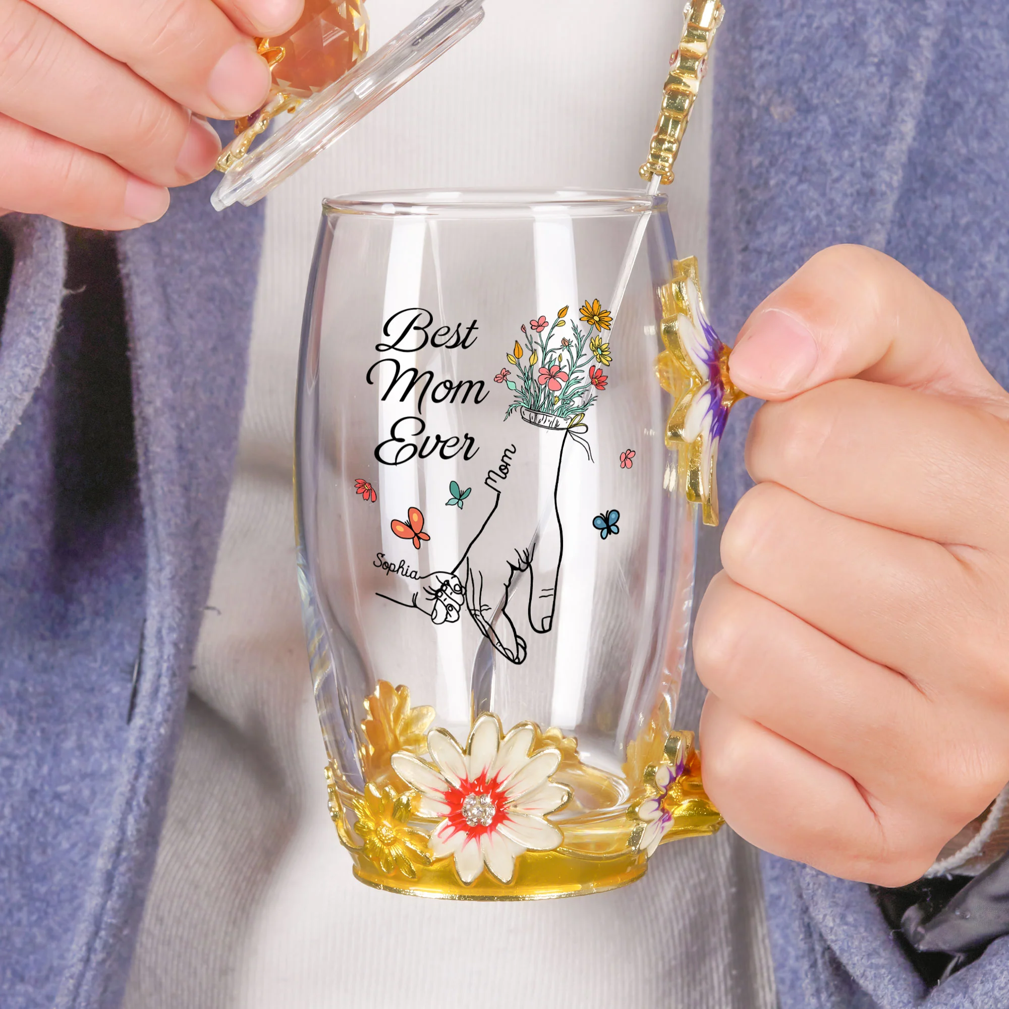 Best Mom Ever Mom Gifts Hands Holding - Personalized Enamel Flower Tea Cup - Image 4