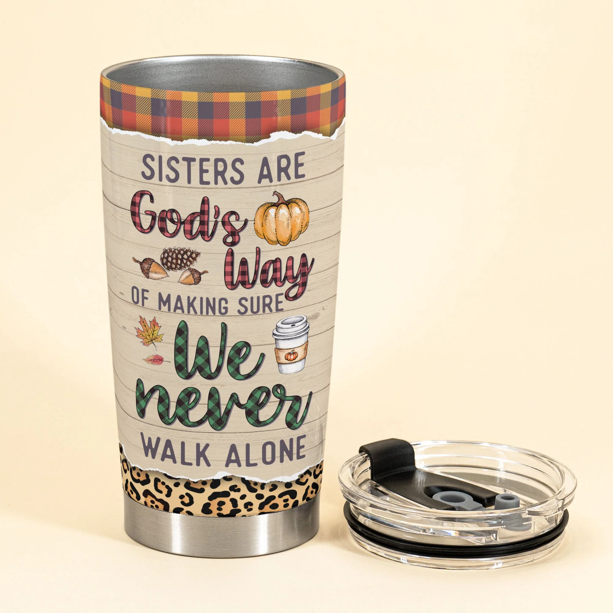 We Never Walk Alone - Personalized Tumbler Cup - Fall Season Gift For Sisters - Standing Girls - Image 3