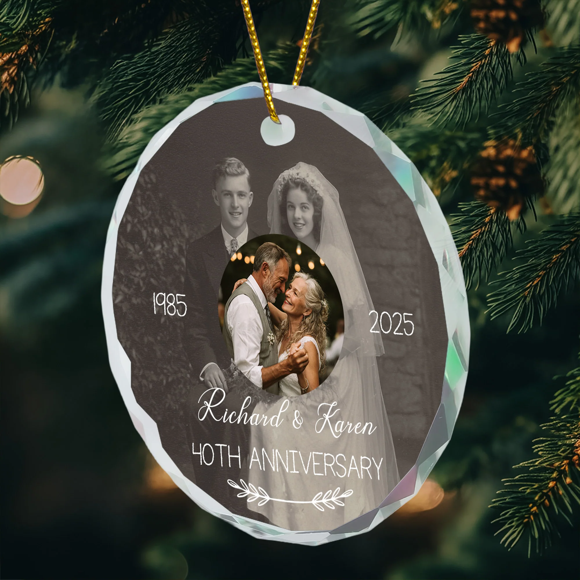 Wedding Anniversary Then & Now Couples Photo - Personalized Glass Photo Ornament - Image 2