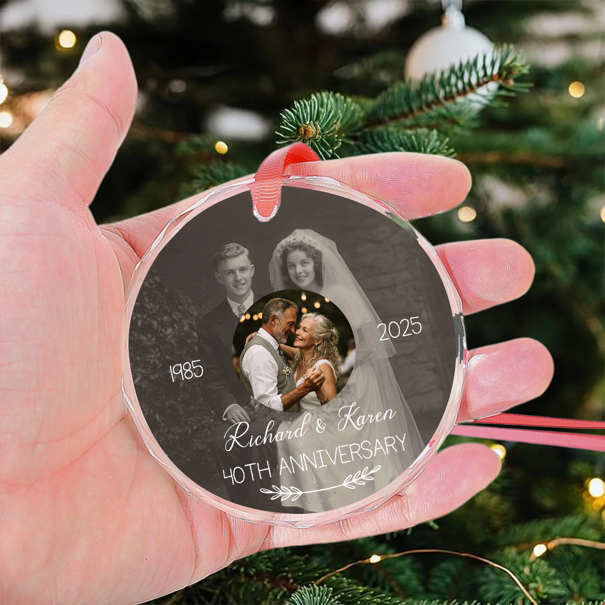Wedding Anniversary Then & Now Couples Photo - Personalized Glass Photo Ornament - Image 4