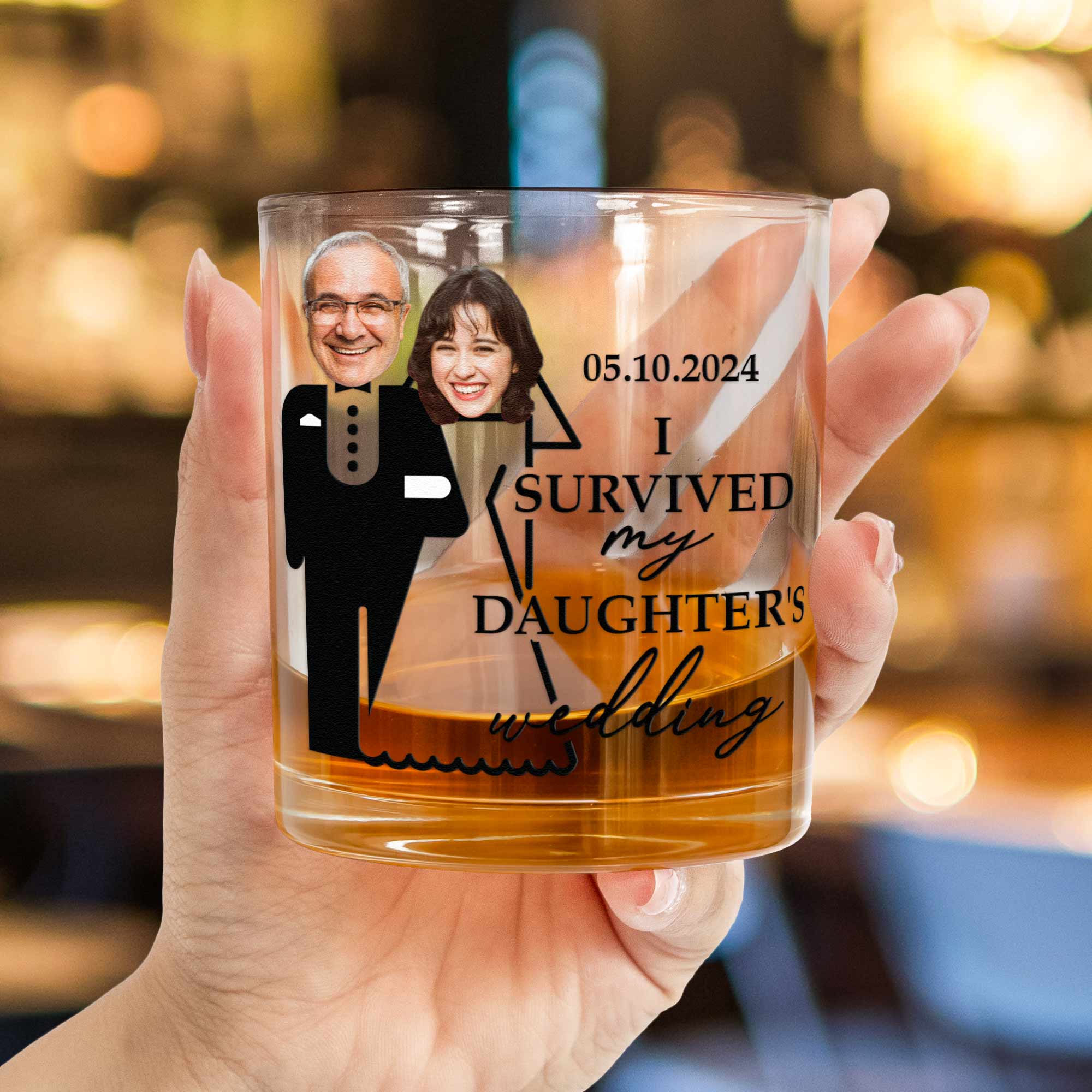 Wedding Gift For Dad I Survived Daughter's Wedding - Personalized Photo Whiskey Glass - Image 2