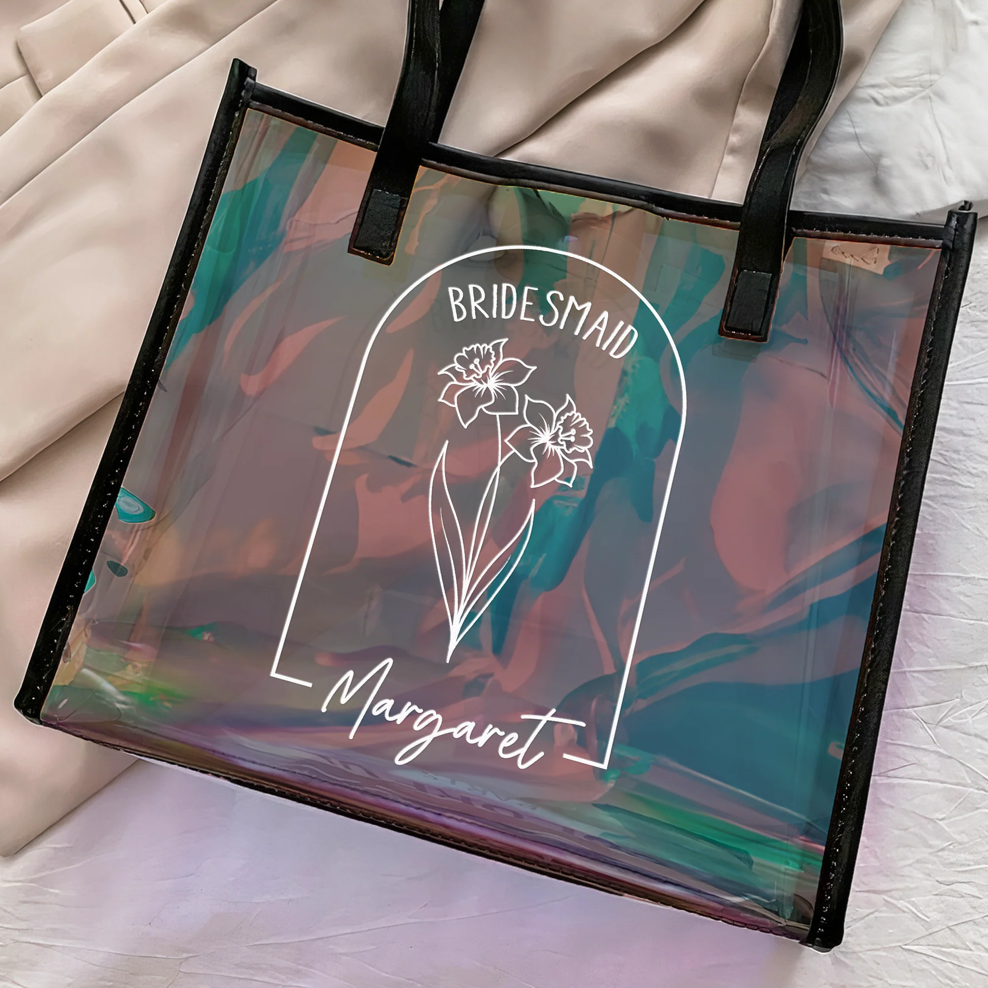 Wedding Gifts For Bridesmaid Custom Birth Month Flowers - Personalized Holographic Tote - Image 2
