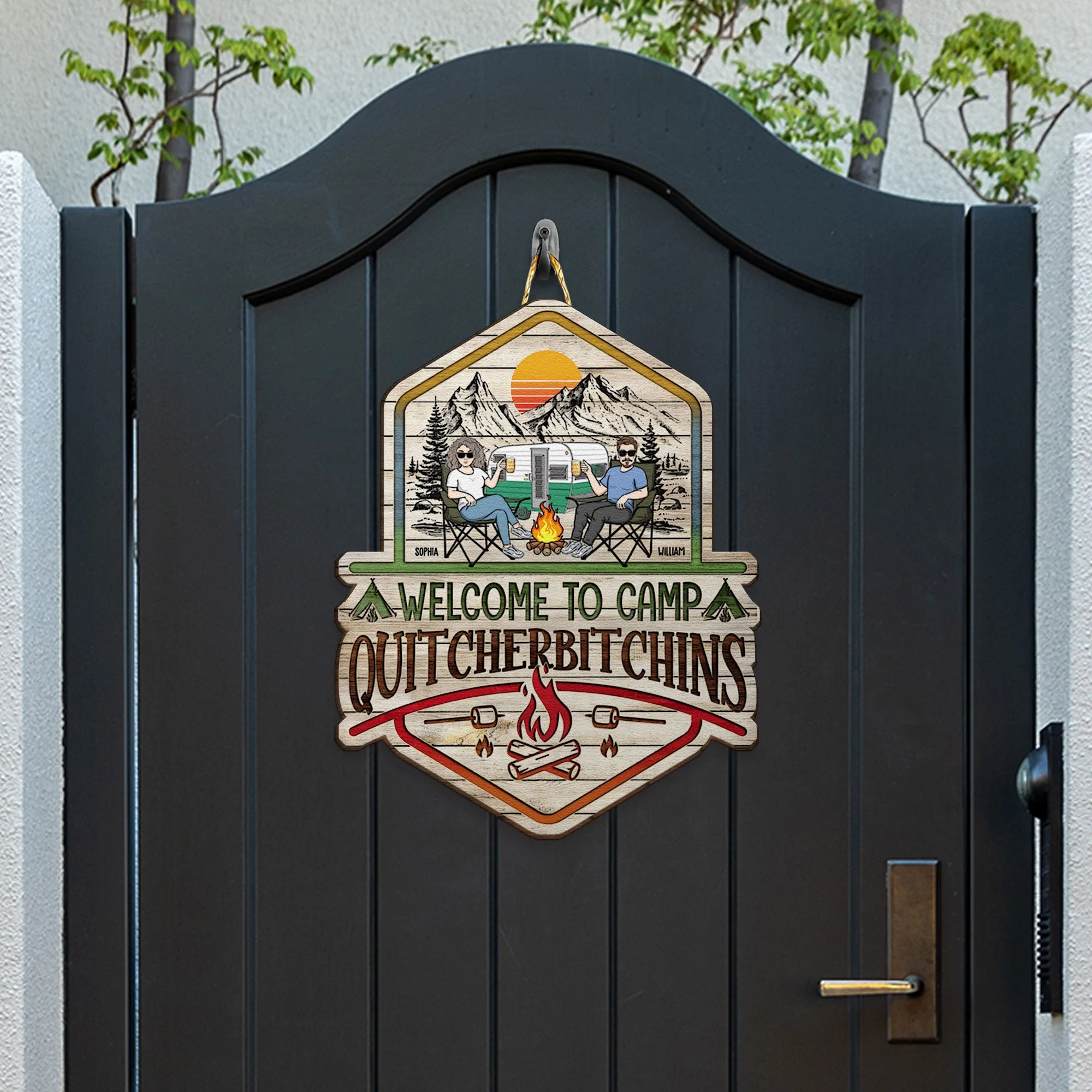 Welcome To Camp Quitcherbitchins Couples Husband And Wife - Personalized Custom Shaped Wood Sign - Image 3