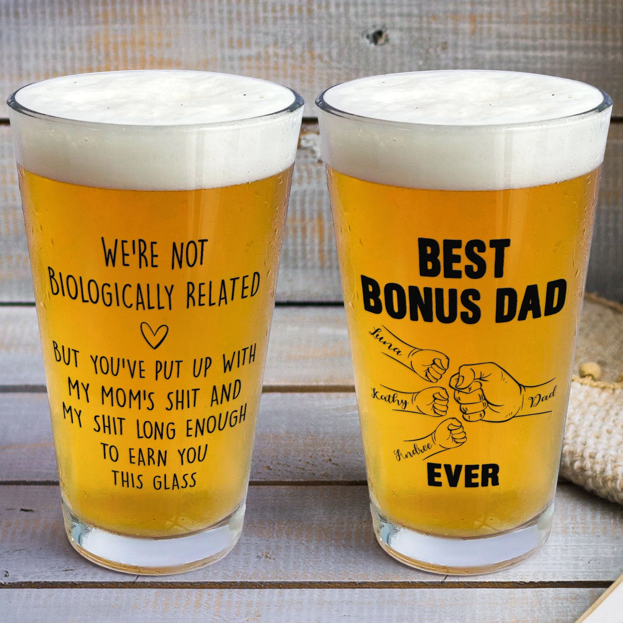 We're Not Biologically Related Bonus Dad Step Dad Gift - Personalized Beer Glass - Image 3