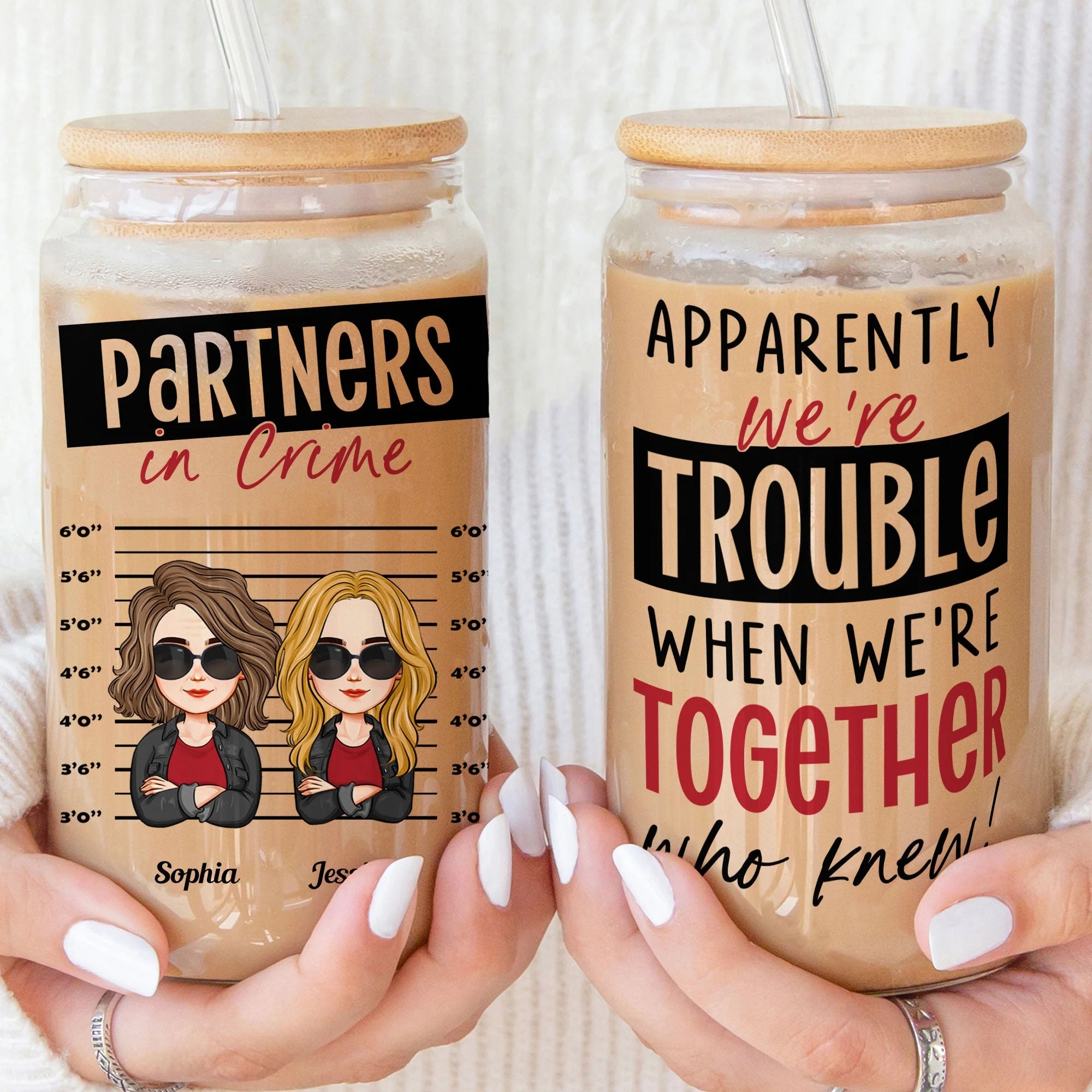 We're Trouble When We're Together - Personalized Clear Glass Cup - Image 4