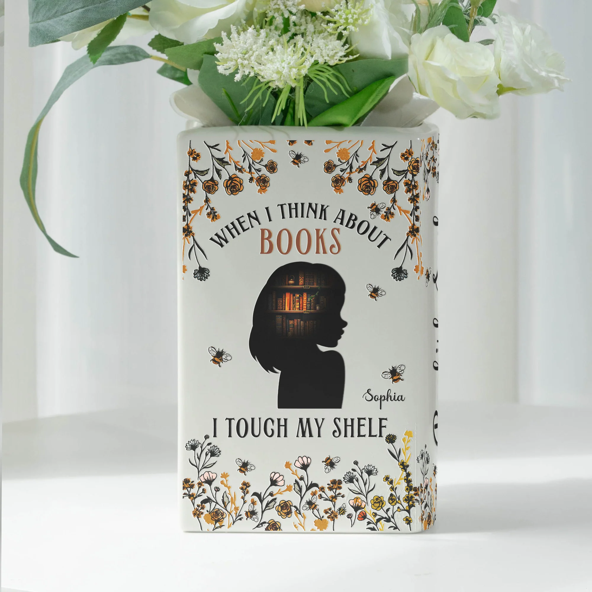 When I Think About Books I Touch My Shelf - Personalized Ceramic Book Vase - Image 2