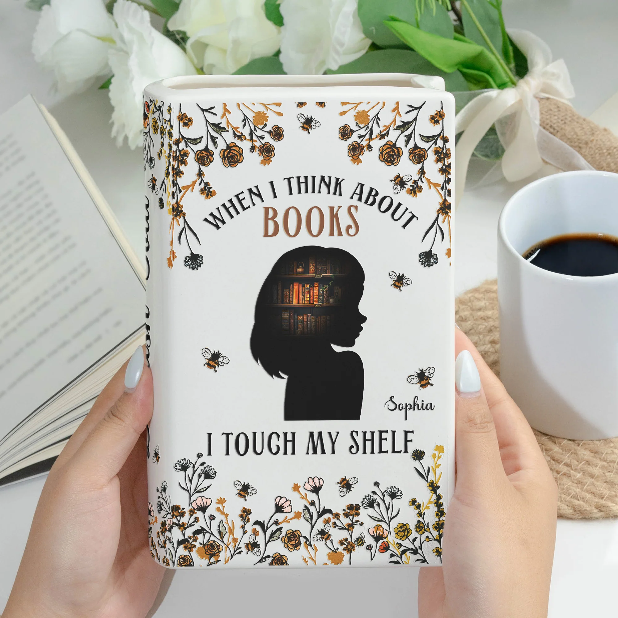 When I Think About Books I Touch My Shelf - Personalized Ceramic Book Vase - Image 3