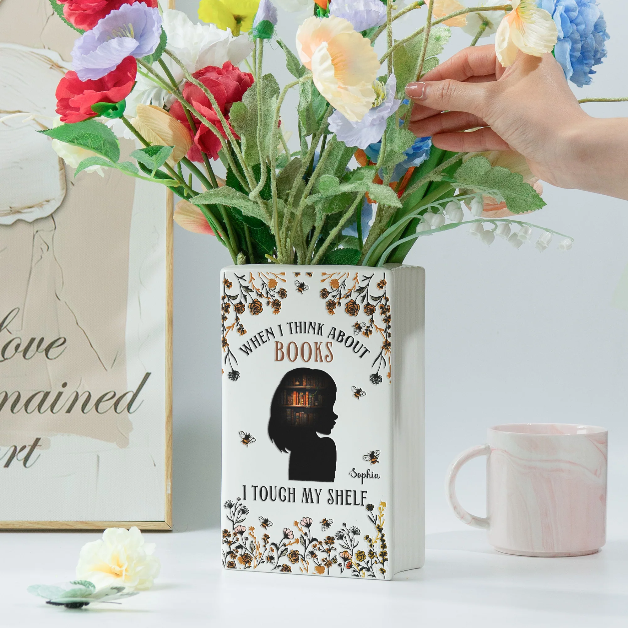 When I Think About Books I Touch My Shelf - Personalized Ceramic Book Vase - Image 4