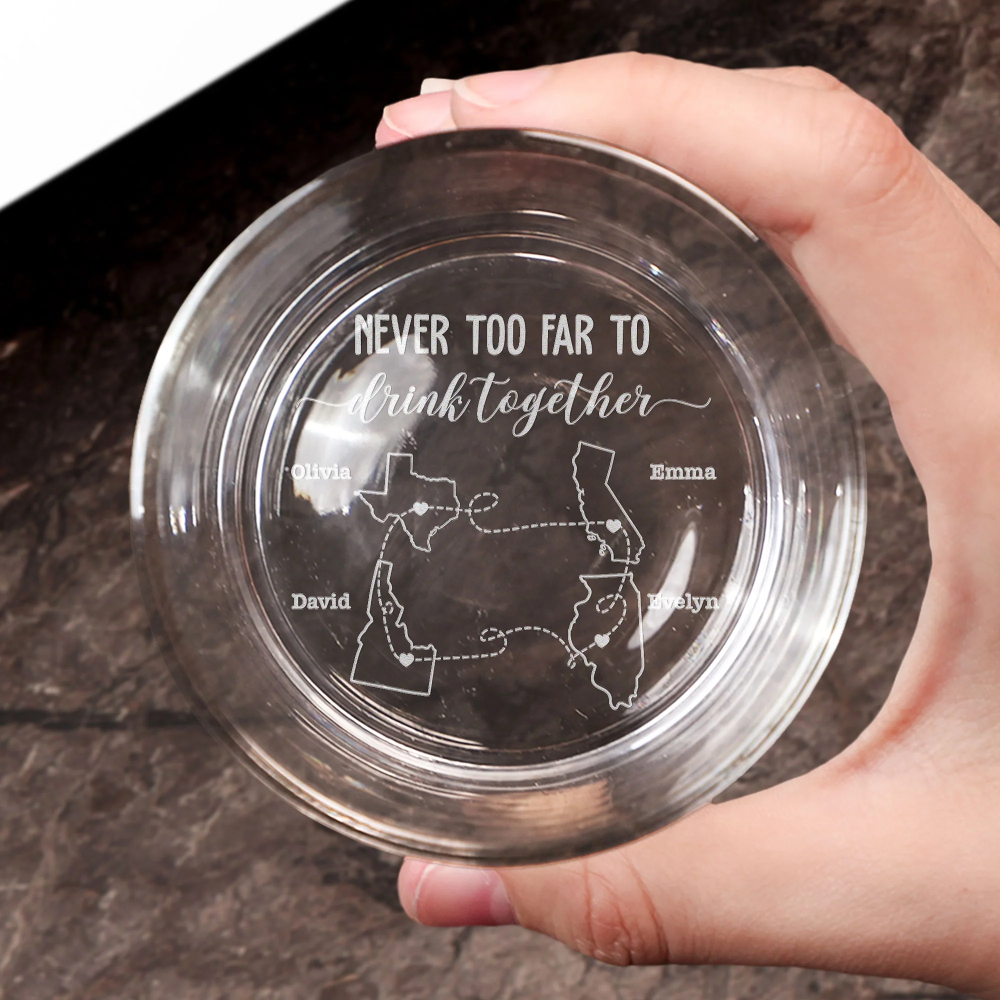 Whiskey Glass Never Too Far To Drink Together - Personalized Engraved Whiskey Glass - Image 3