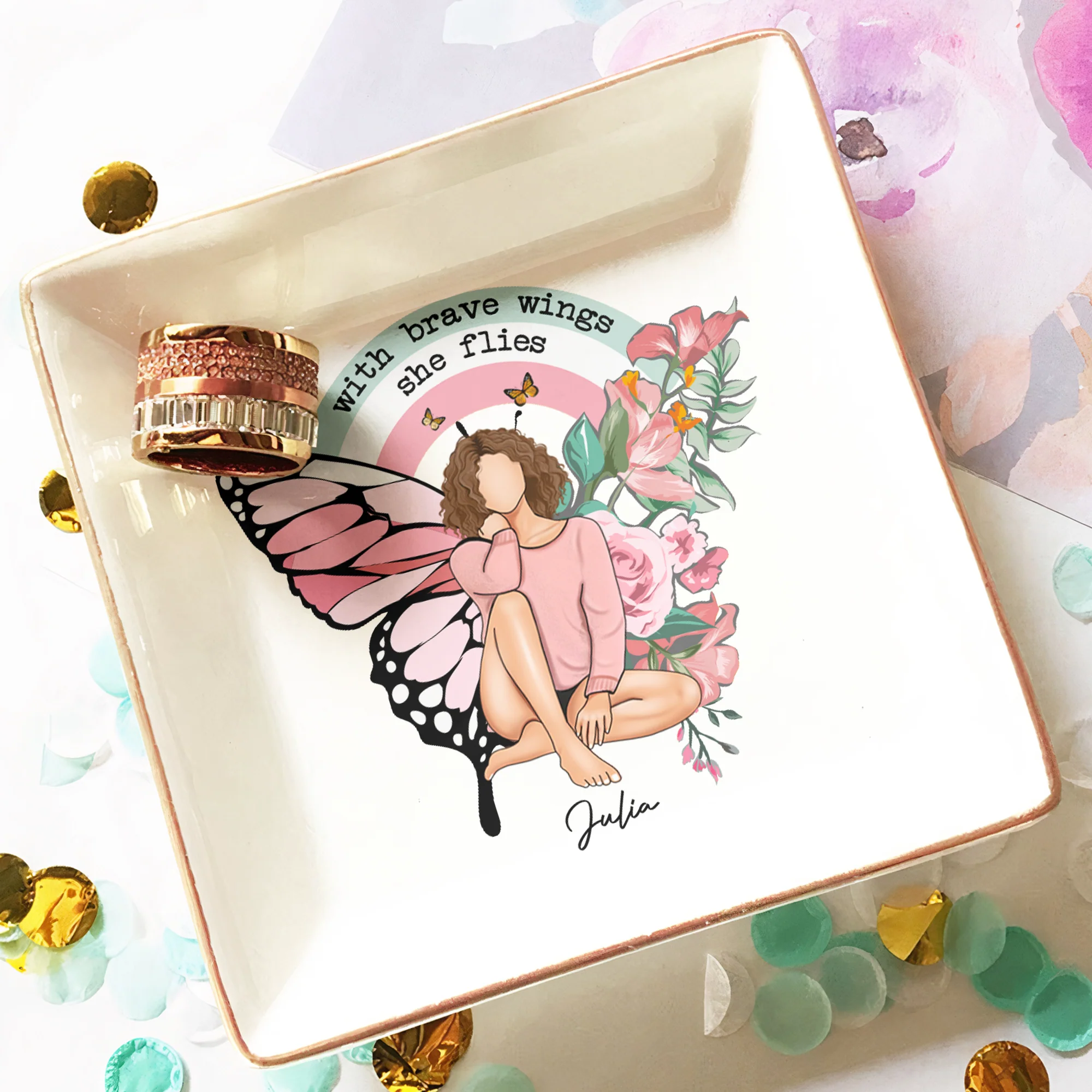 With Brave Wings She Flies - Personalized Jewelry Dish - Image 3