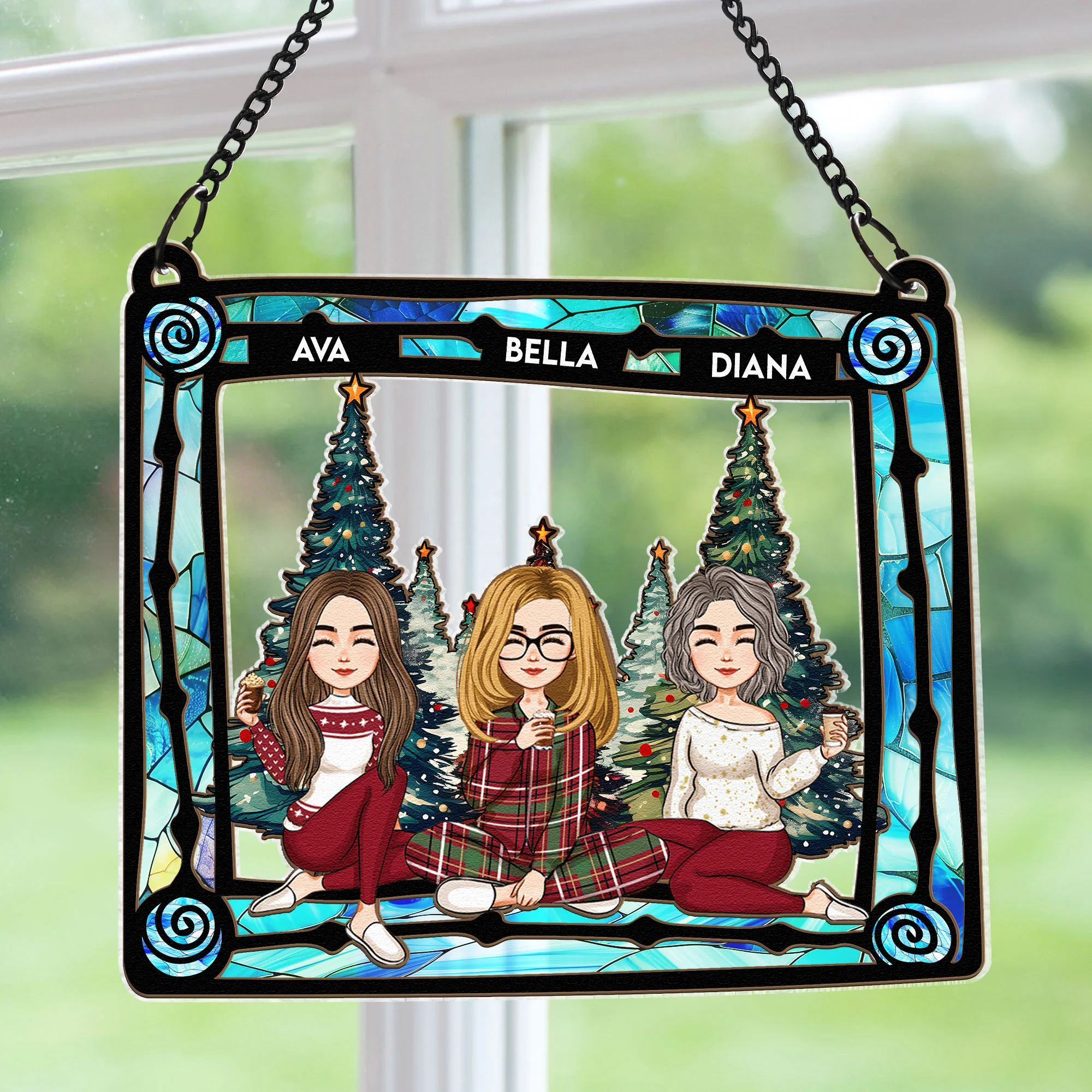 With Mom Under Christmas Tree - Personalized Window Hanging Suncatcher Ornament - Image 2