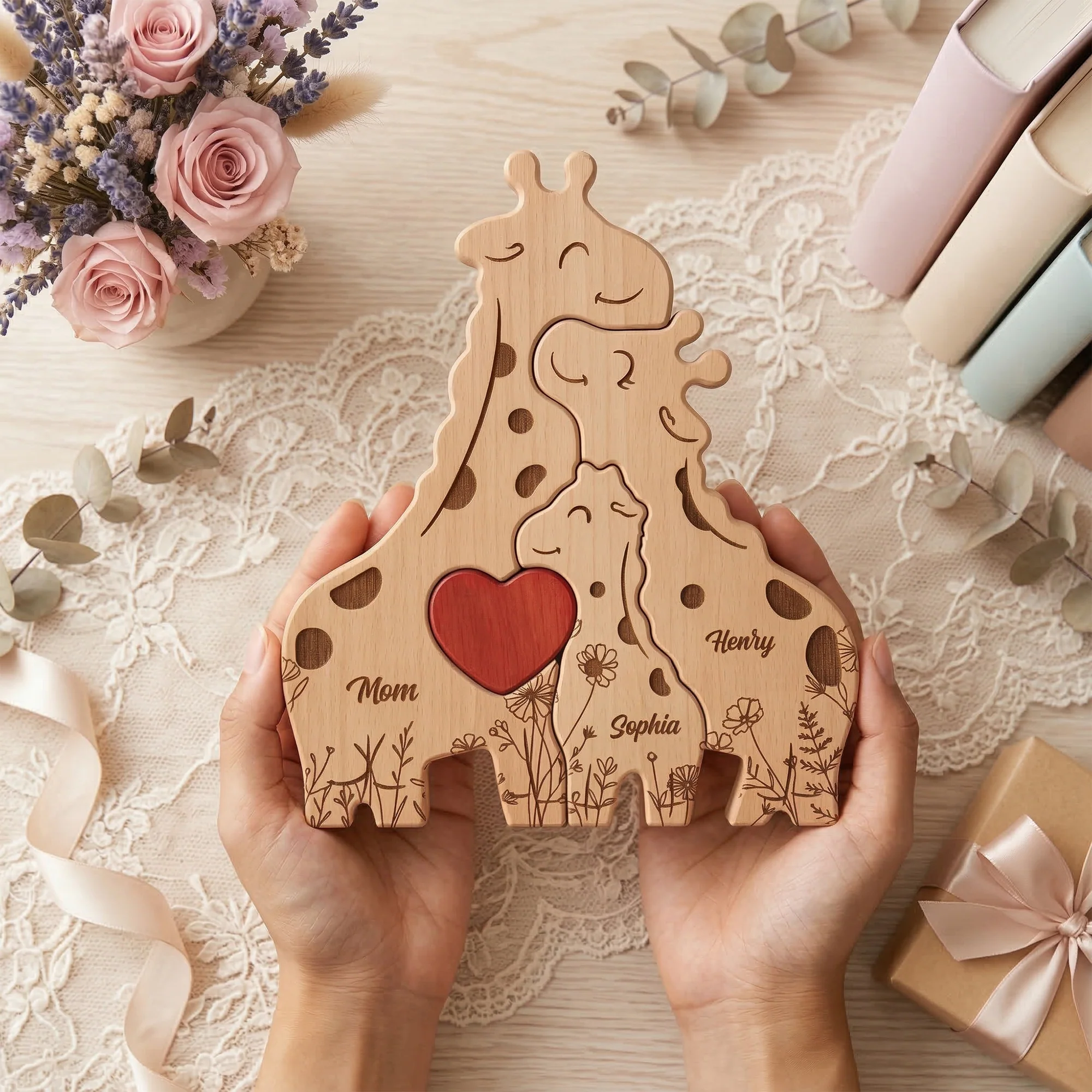 Wooden Giraffe Family Puzzle Mother's Day Gift For Mom, Mum, Wife - Personalized Puzzle - Image 3