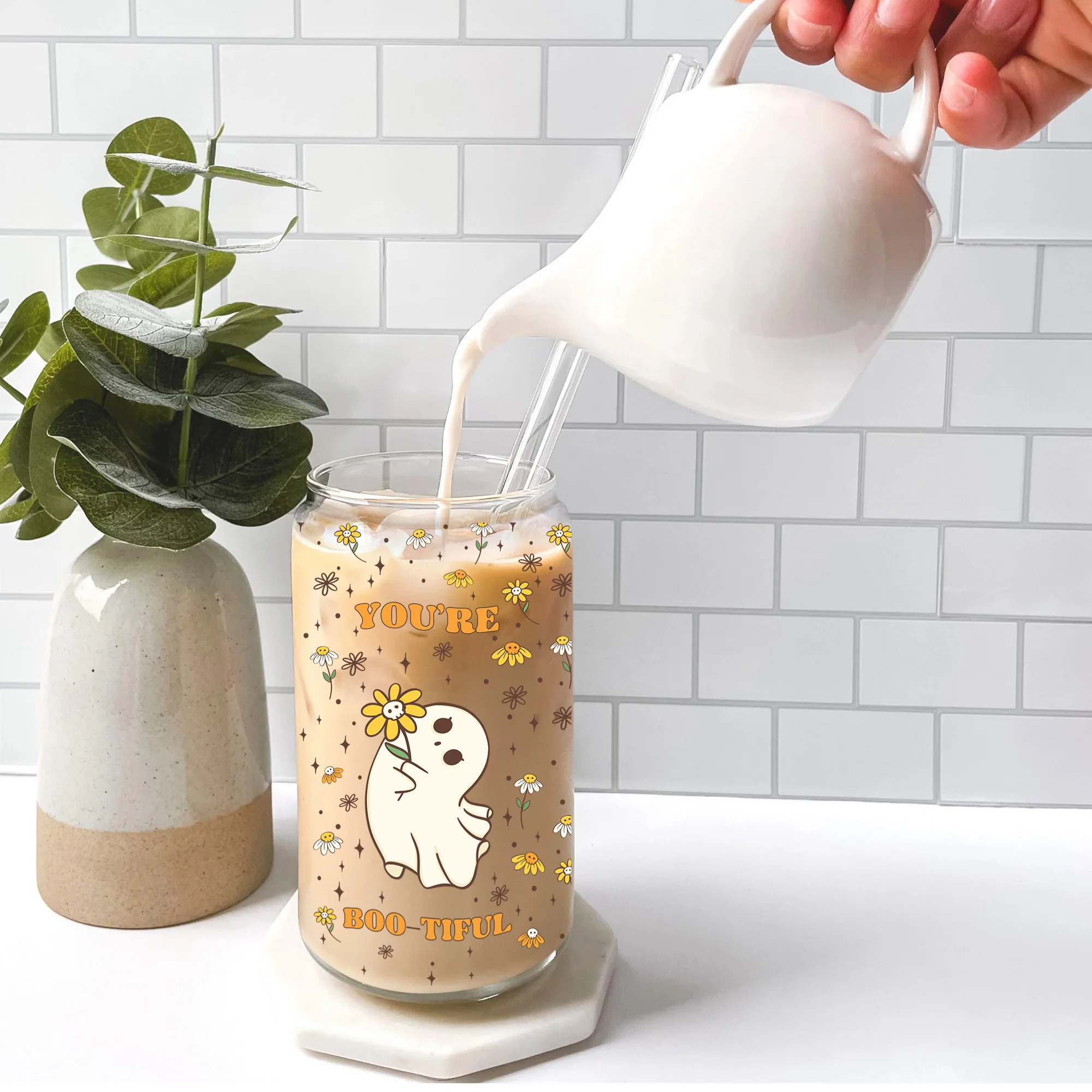 You Are Boo-Tiful Halloween Boo With Daisy Flower - Personalized Clear Glass Cup - Image 4