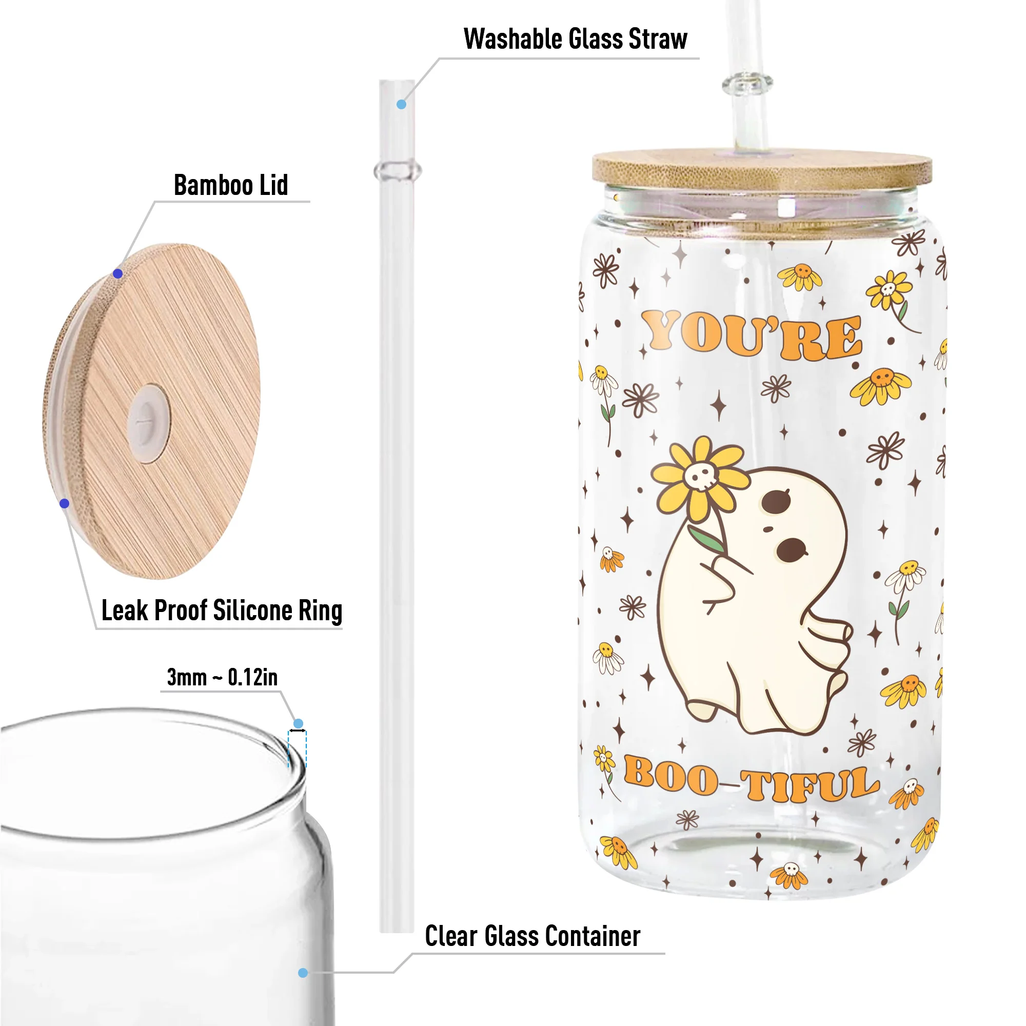 You Are Boo-Tiful Halloween Boo With Daisy Flower - Personalized Clear Glass Cup - Image 5