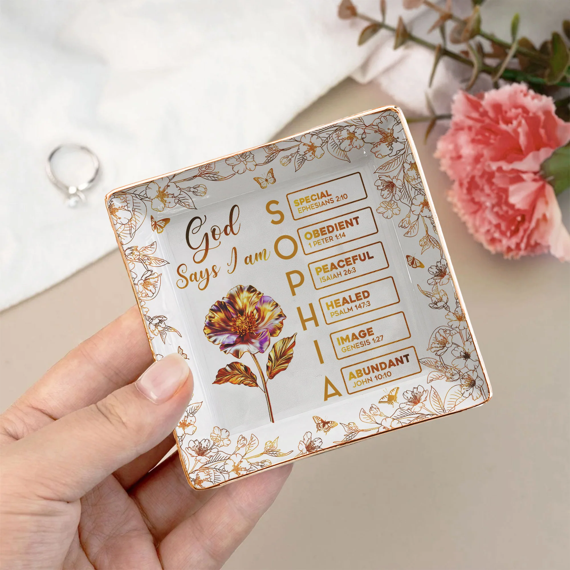 You Are Custom Name Letter In Bible Gold Birth Flower Style - Personalized Jewelry Dish - Image 3