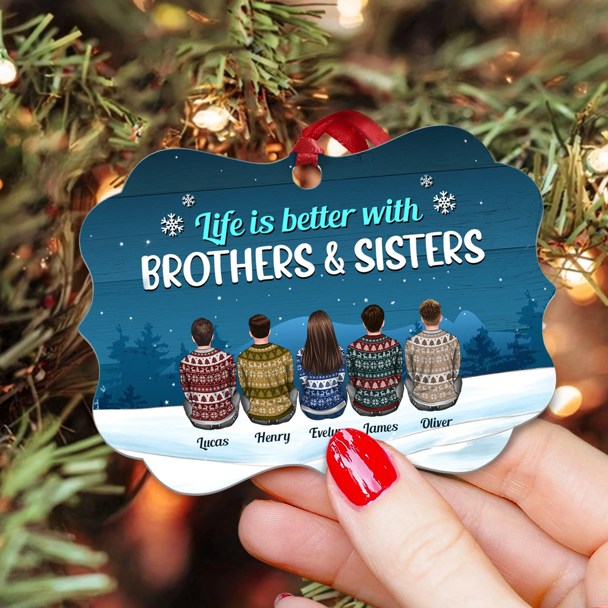 Life Is Better With Brothers & Sisters - Personalized Aluminum/Wooden Ornament - Ugly Christmas Sweater Sitting - Image 5