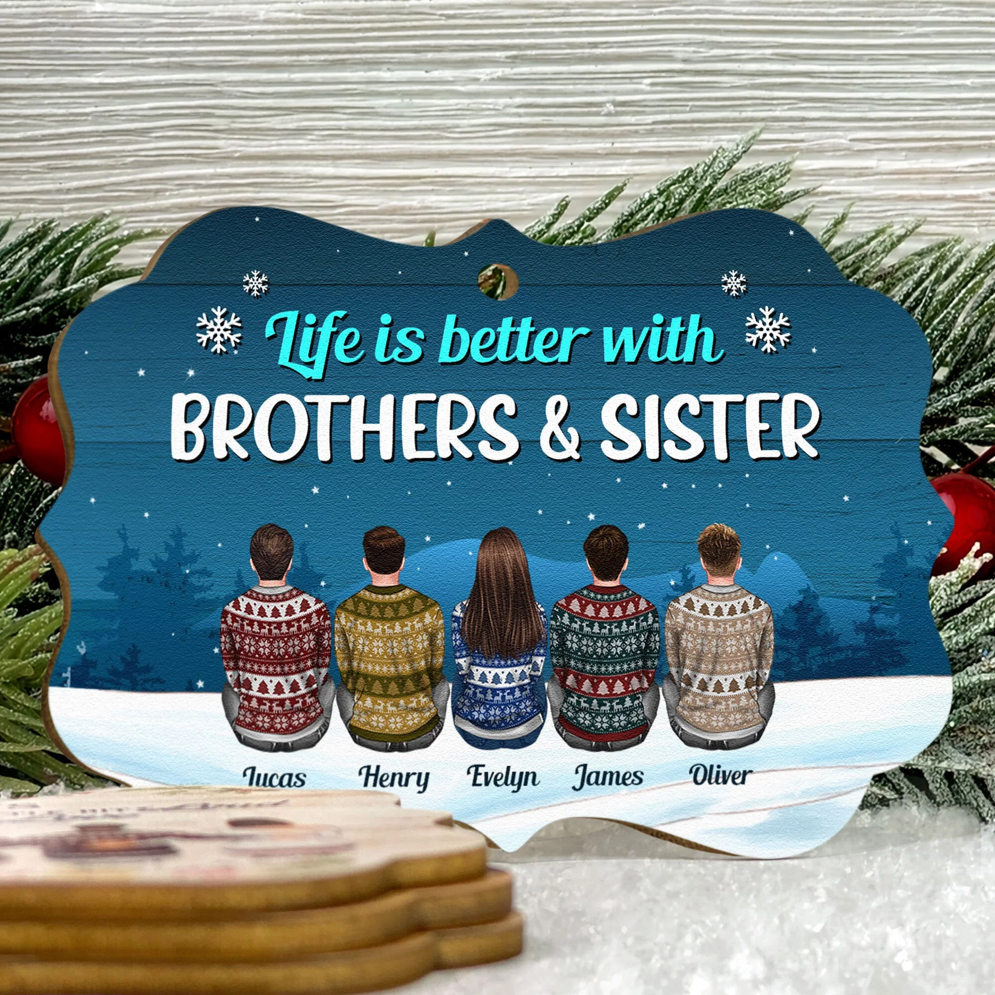 Life Is Better With Brothers & Sisters - Personalized Aluminum/Wooden Ornament - Ugly Christmas Sweater Sitting - Image 7