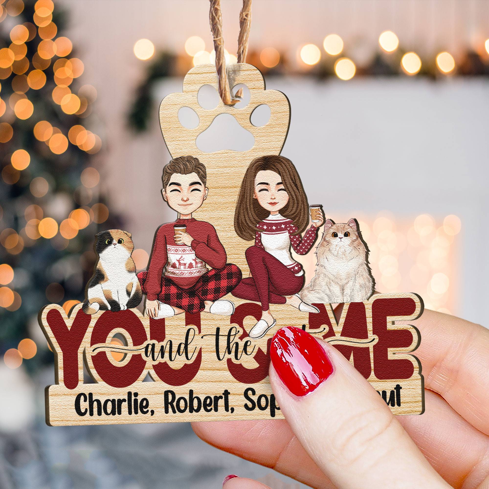You & Me And The Cats - Personalized Custom Shaped Wooden Ornament - Image 2