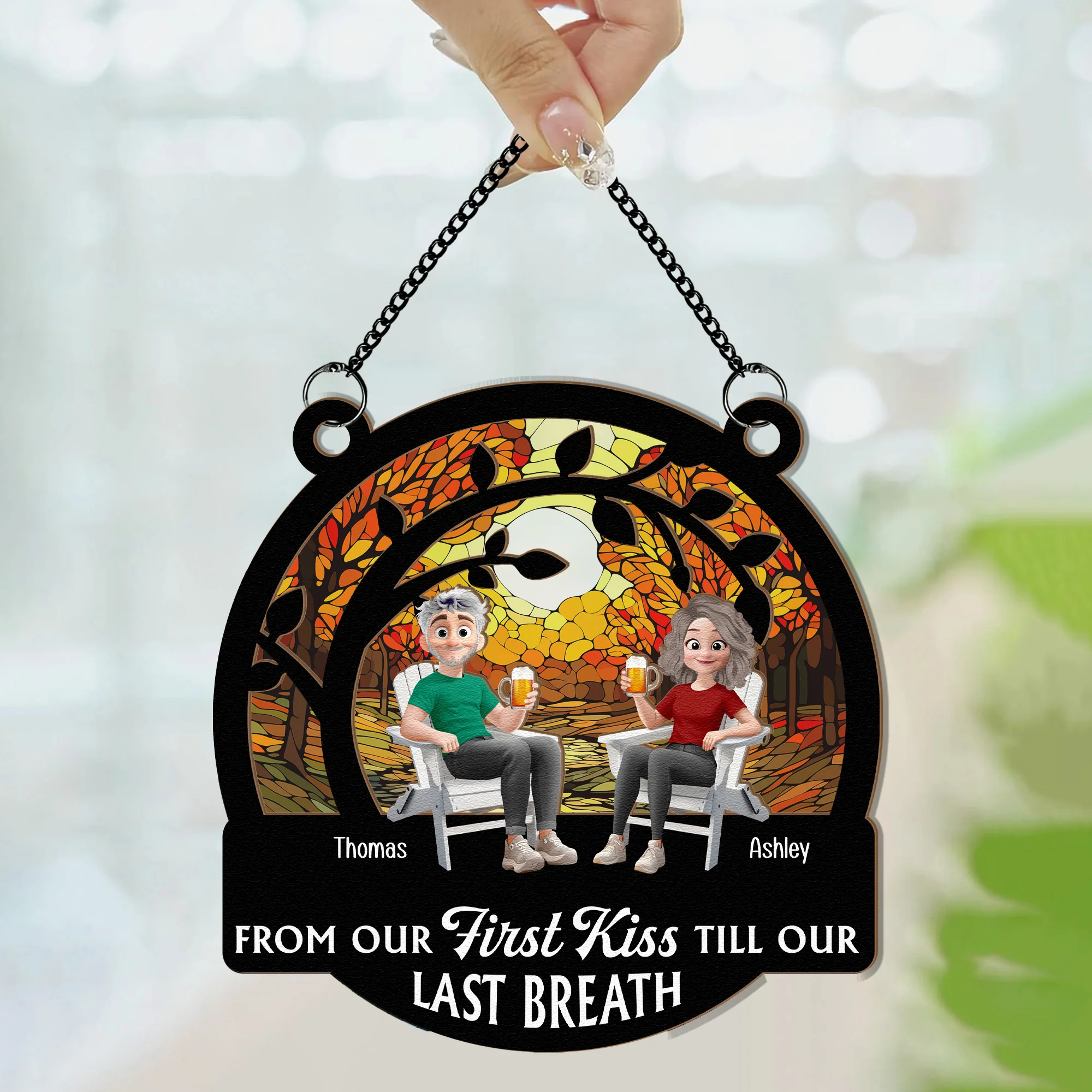 From Our First Kiss Couple Anniversary Gift - Personalized Window Hanging Suncatcher Ornament - Image 3