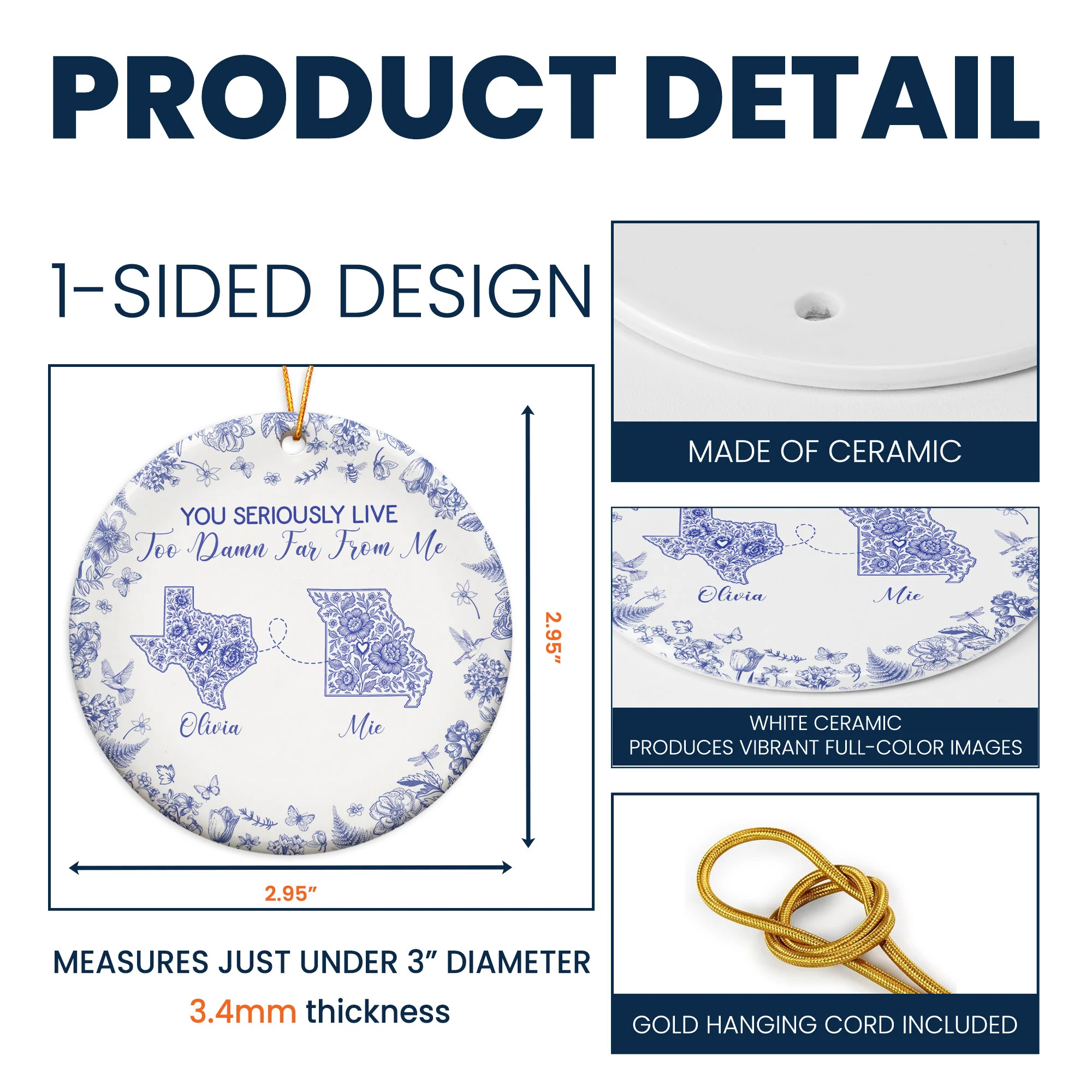 You Seriously Live Too Damn Far From Me Toile De Jouy Custom States - Personalized Ceramic Ornament - Image 4
