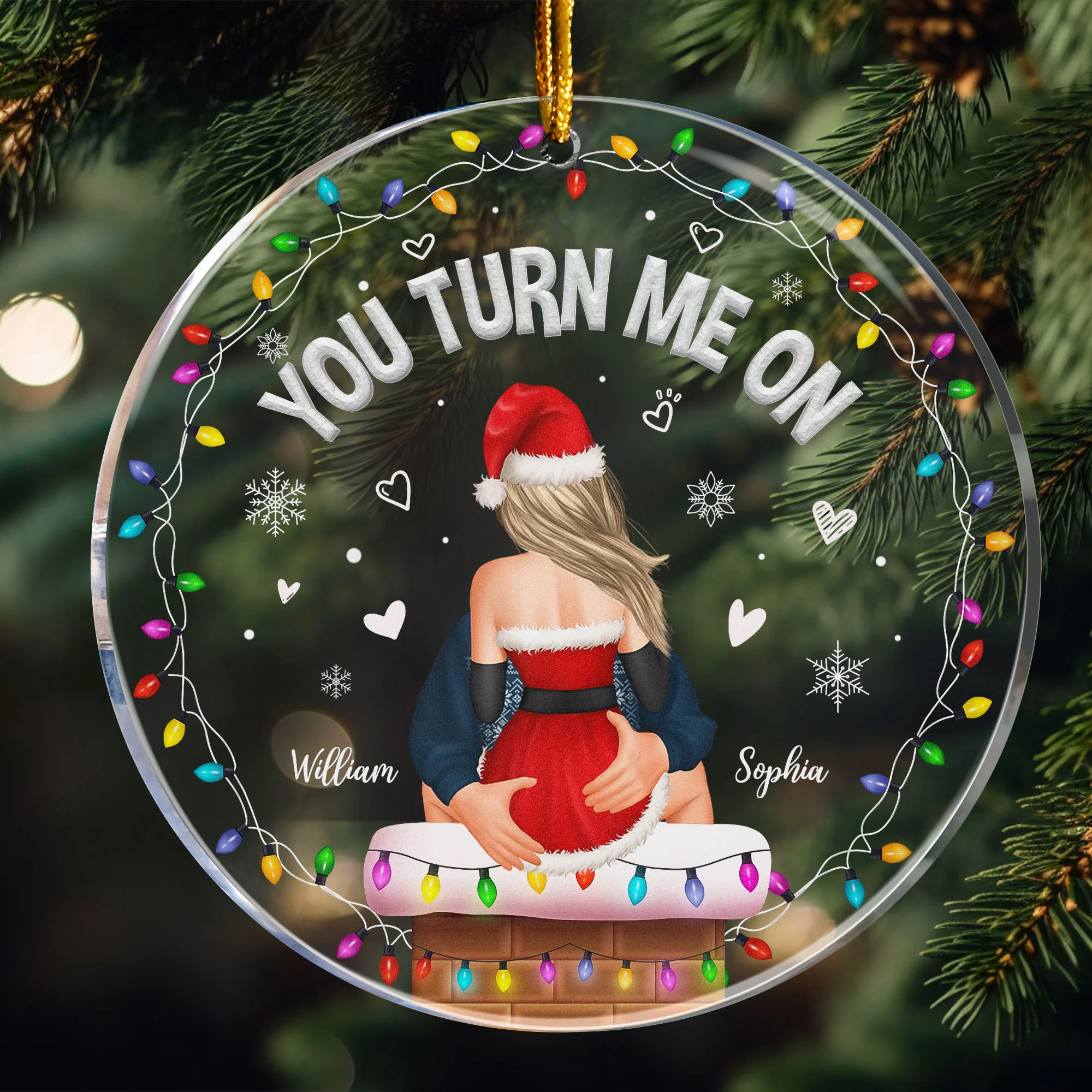 You Turn Me On Naughty Couples Christmas - Personalized Acrylic Ornament - Image 3