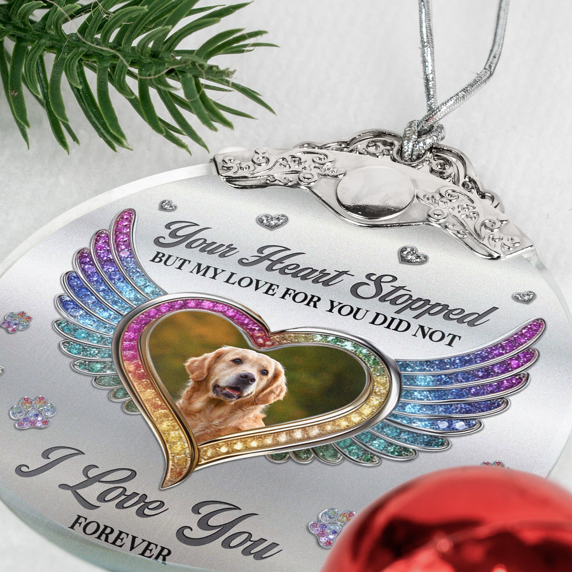 Your Heart Stopped, But My Love For You Did Not - Personalized Glass Photo Ornament With Silver Cap - Image 5