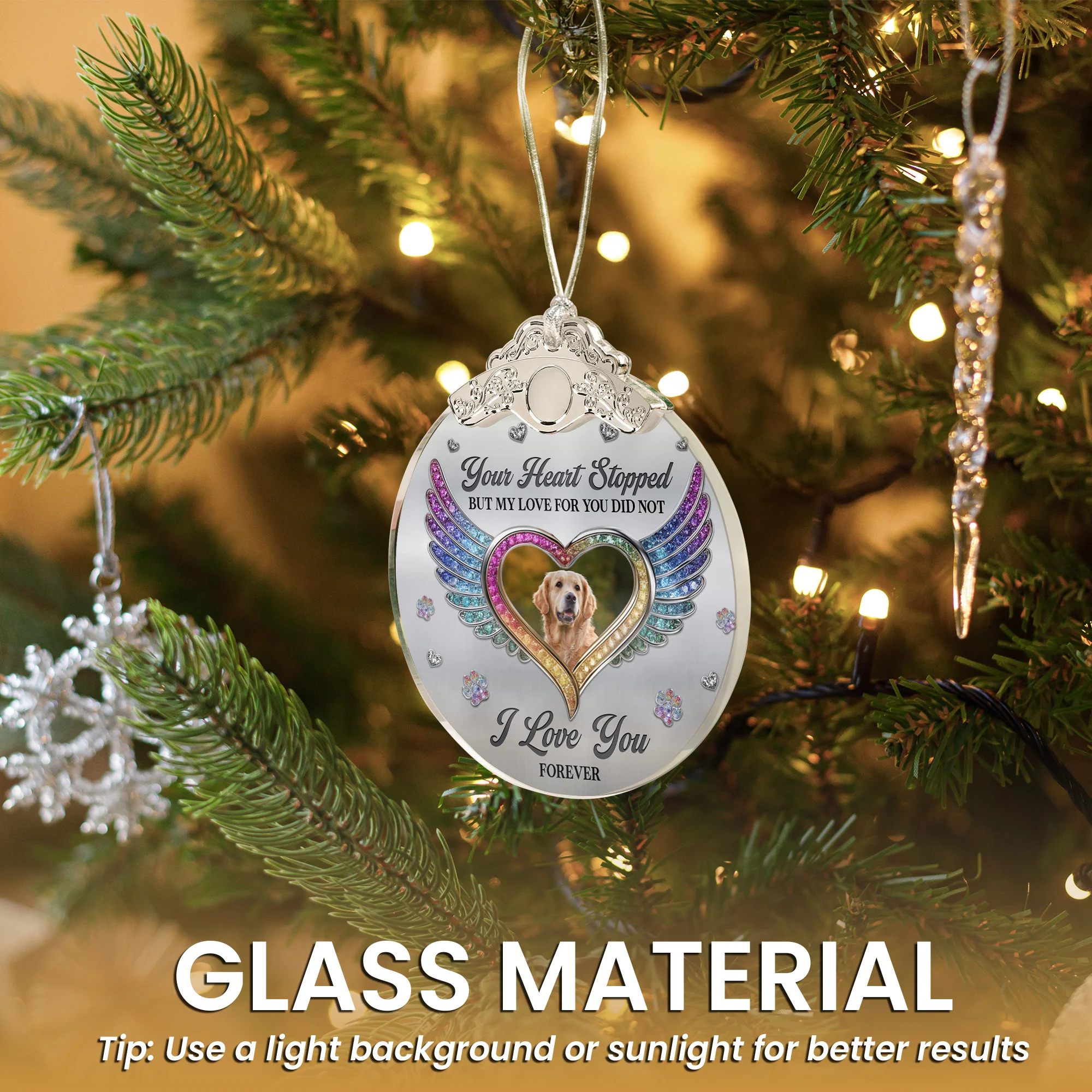 Your Heart Stopped, But My Love For You Did Not - Personalized Glass Photo Ornament With Silver Cap - Image 7