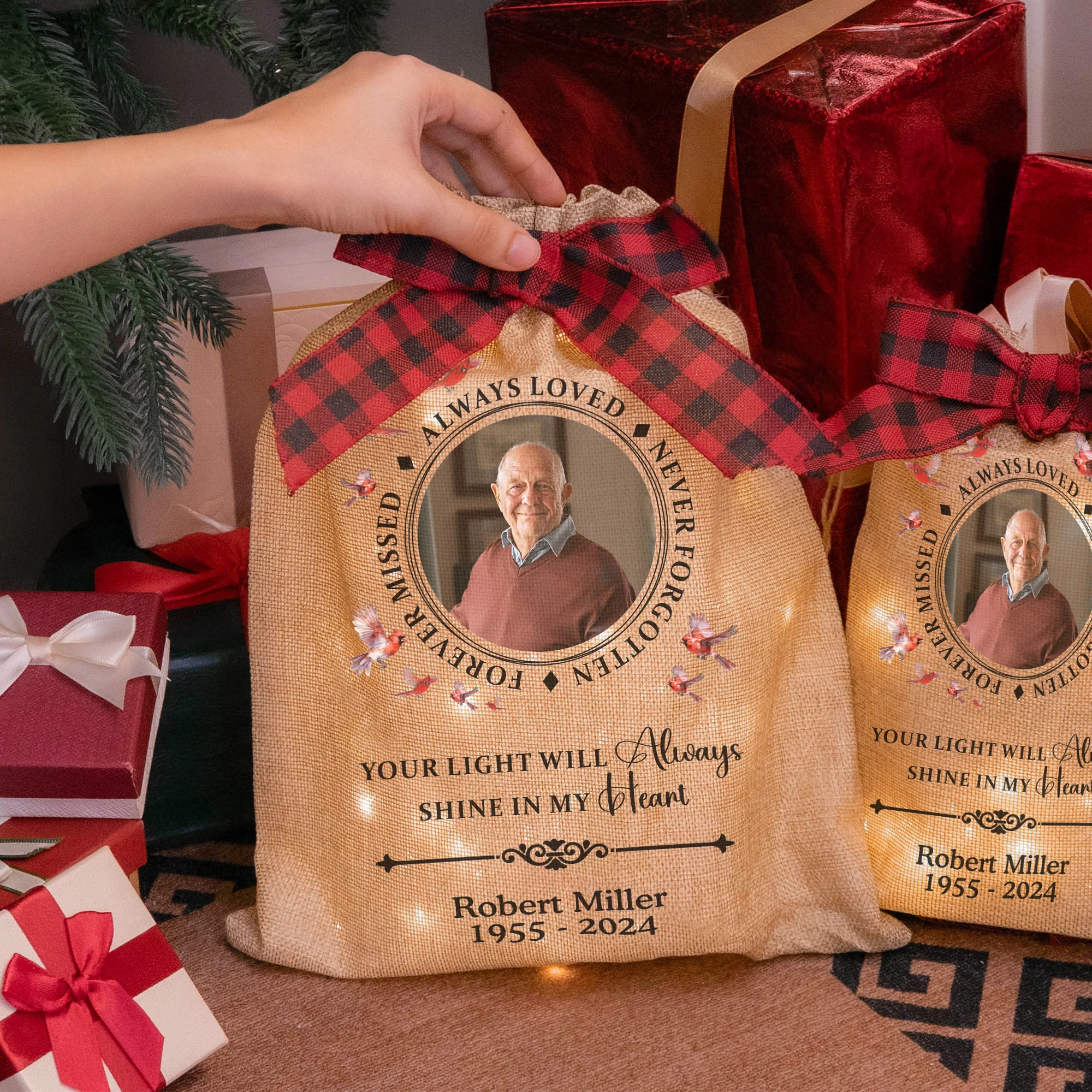 Your Light Will Always Shine In Our Hearts Memorial - Personalized Photo Lighted Burlap Sack - Image 4