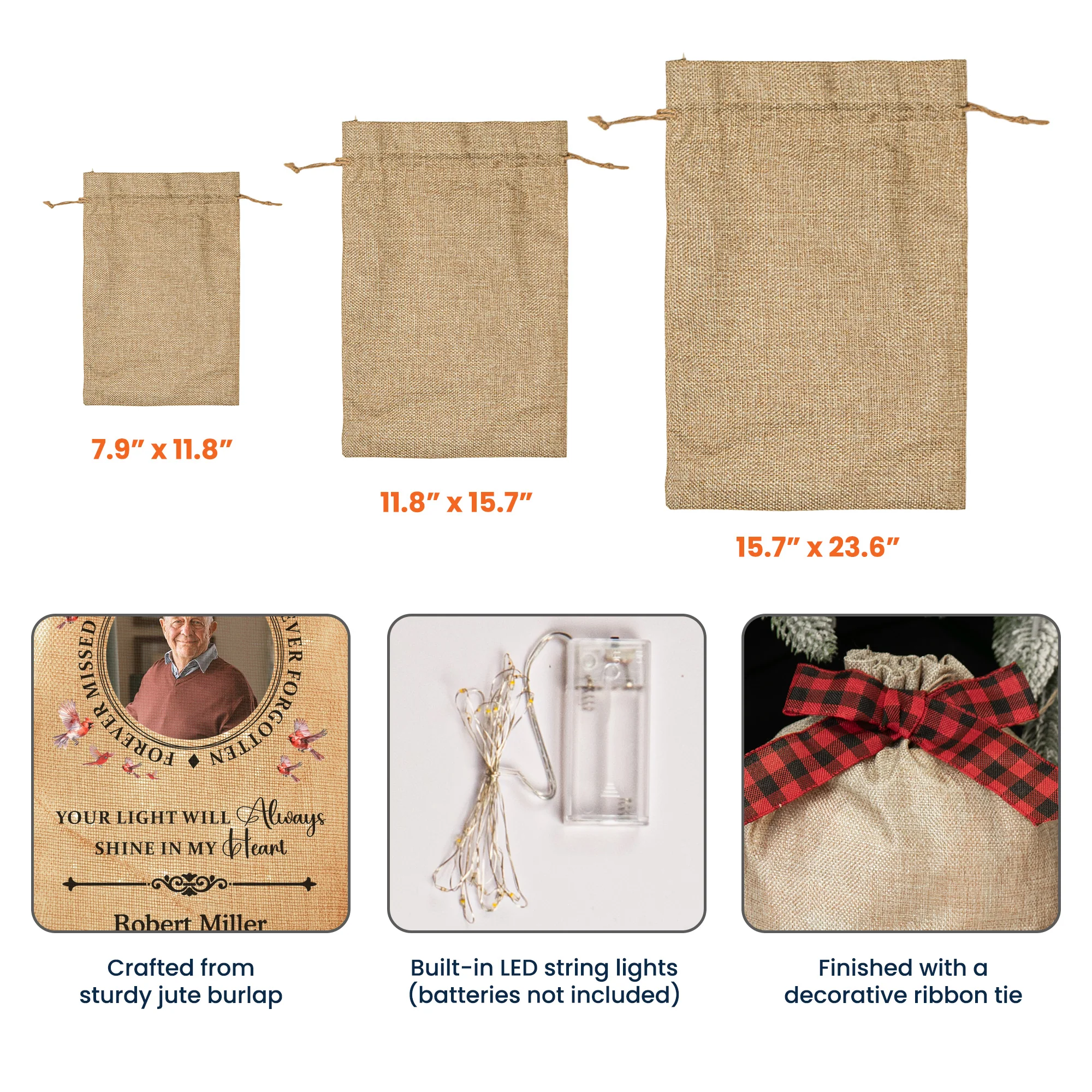 Your Light Will Always Shine In Our Hearts Memorial - Personalized Photo Lighted Burlap Sack - Image 6