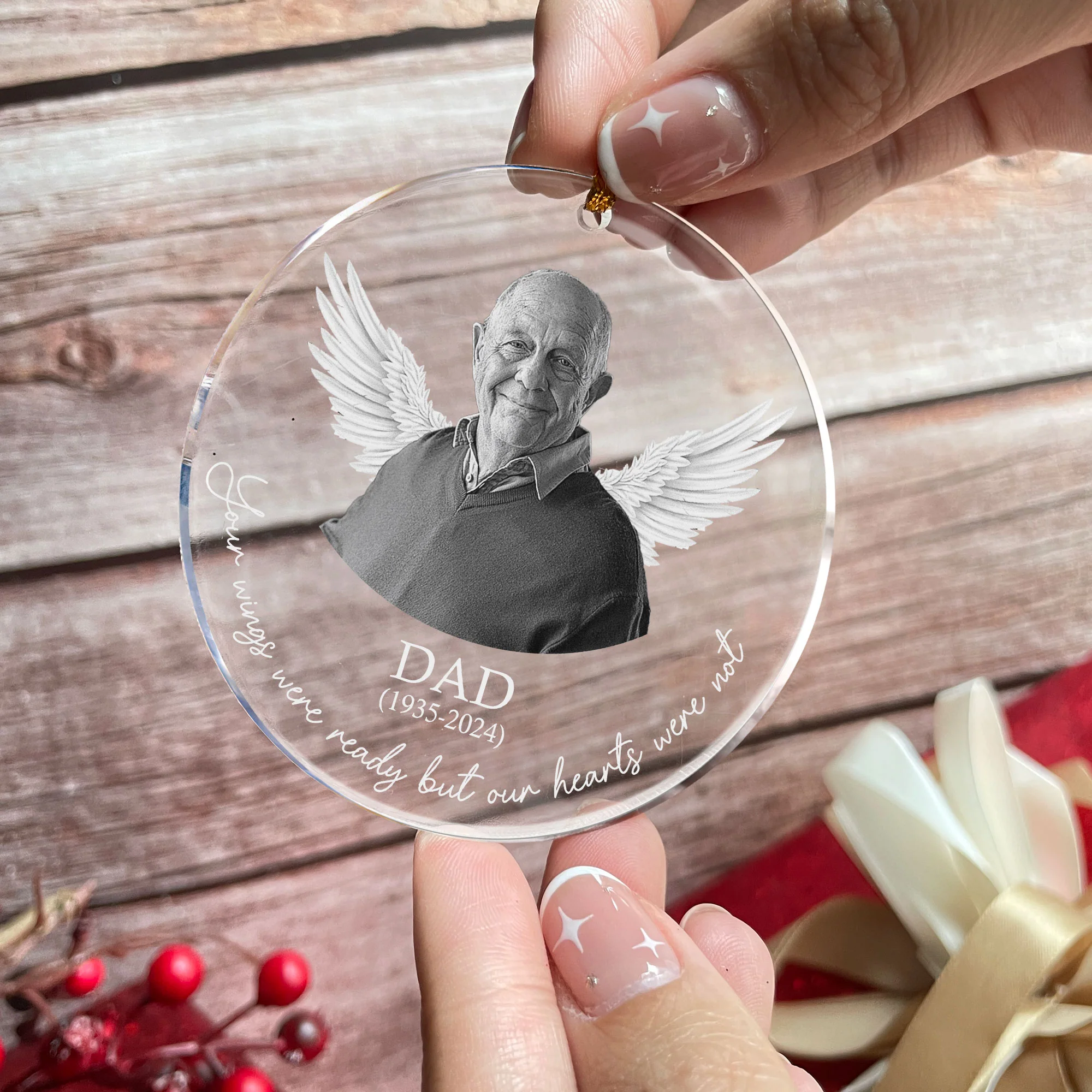 Your Wings Were Ready Our Hearts Weren't - Personalized Acrylic Photo Ornament - Image 2