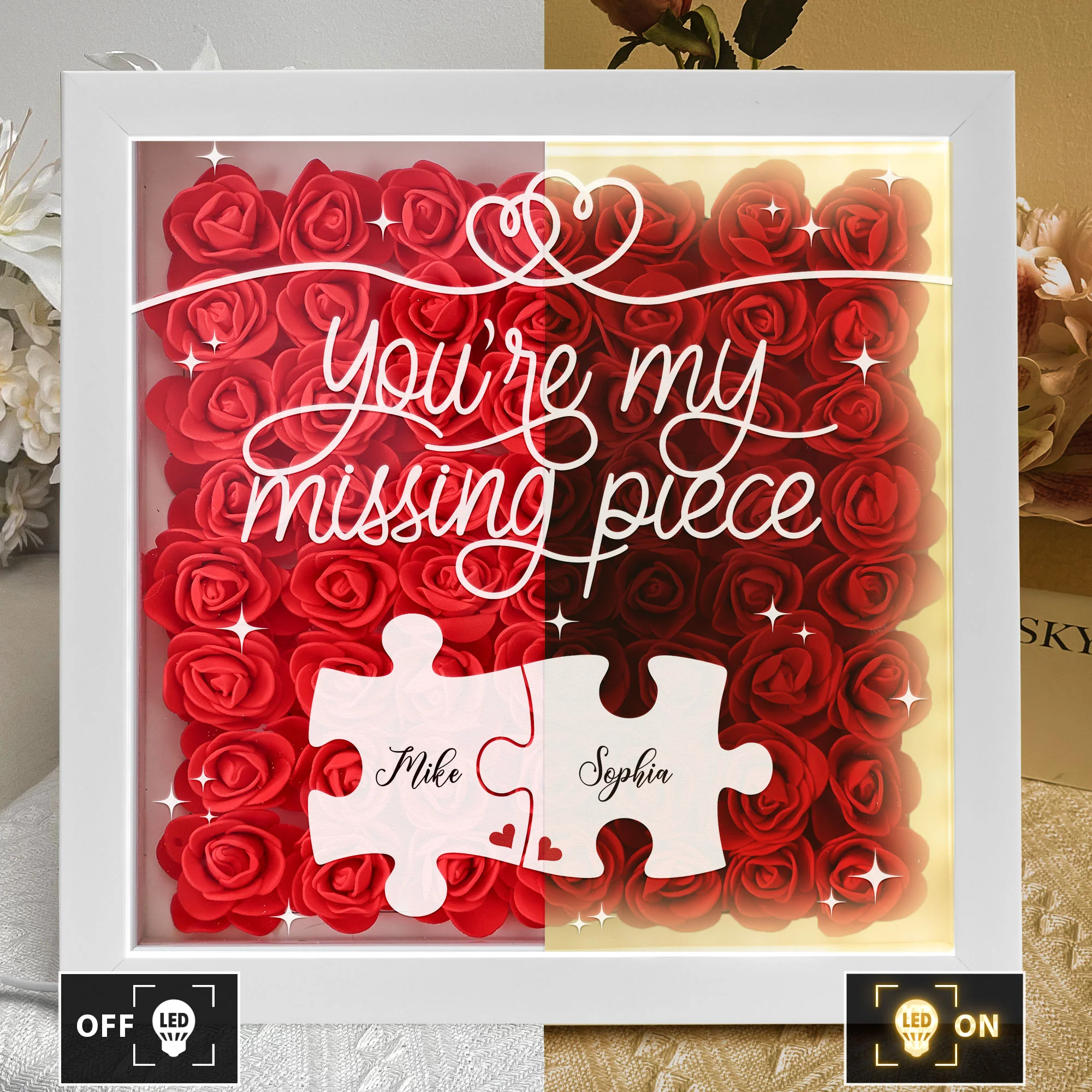 You're My Missing Piece - Personalized Flower Shadow Box With LED Light - Image 3
